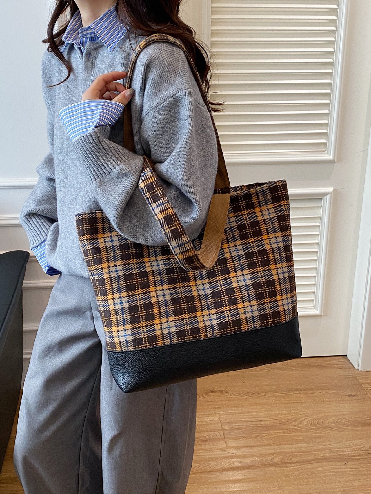 Plaid Shoulder Bag with Faux Leather Base
