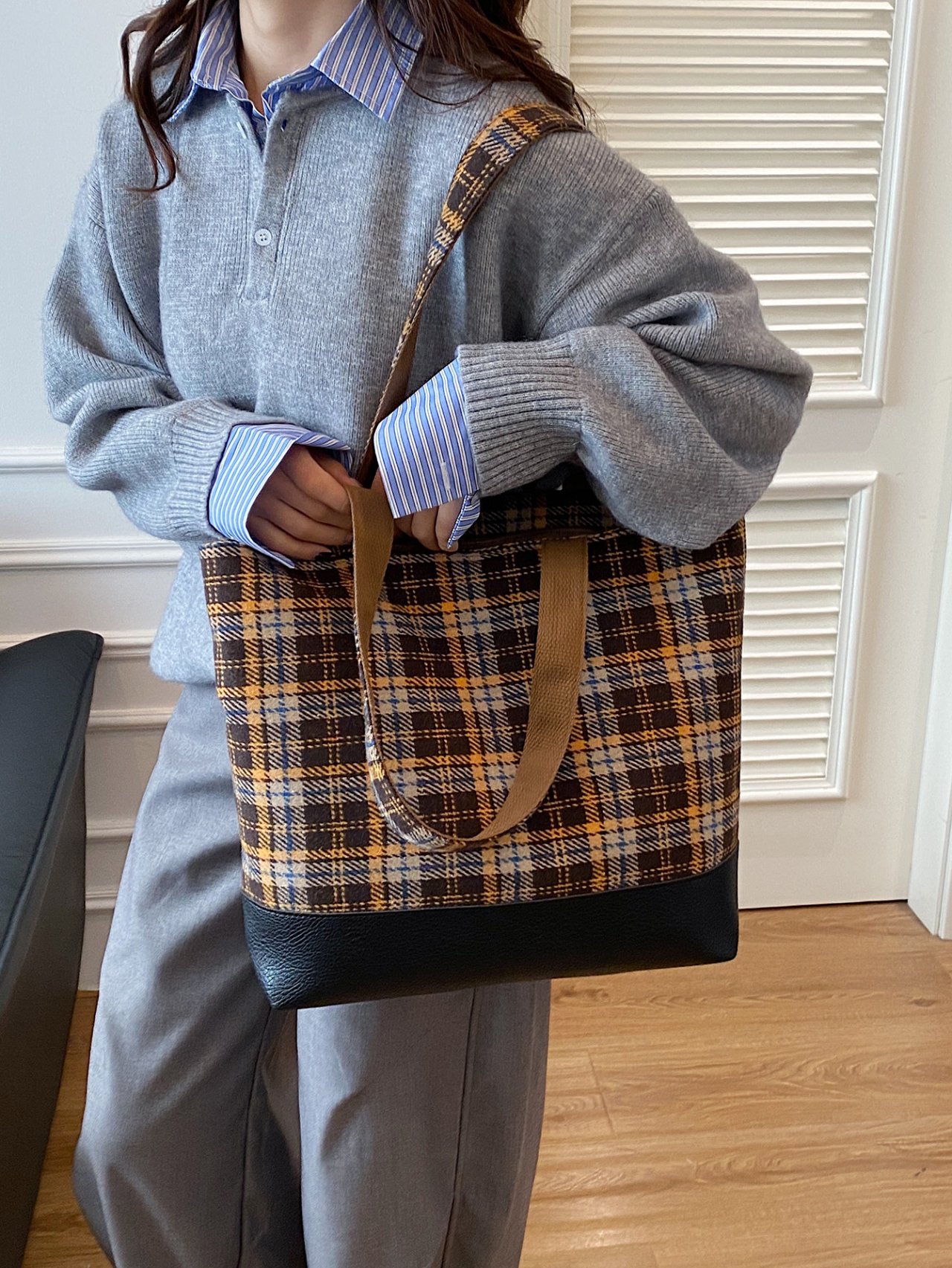 Plaid Shoulder Bag with Faux Leather Base
