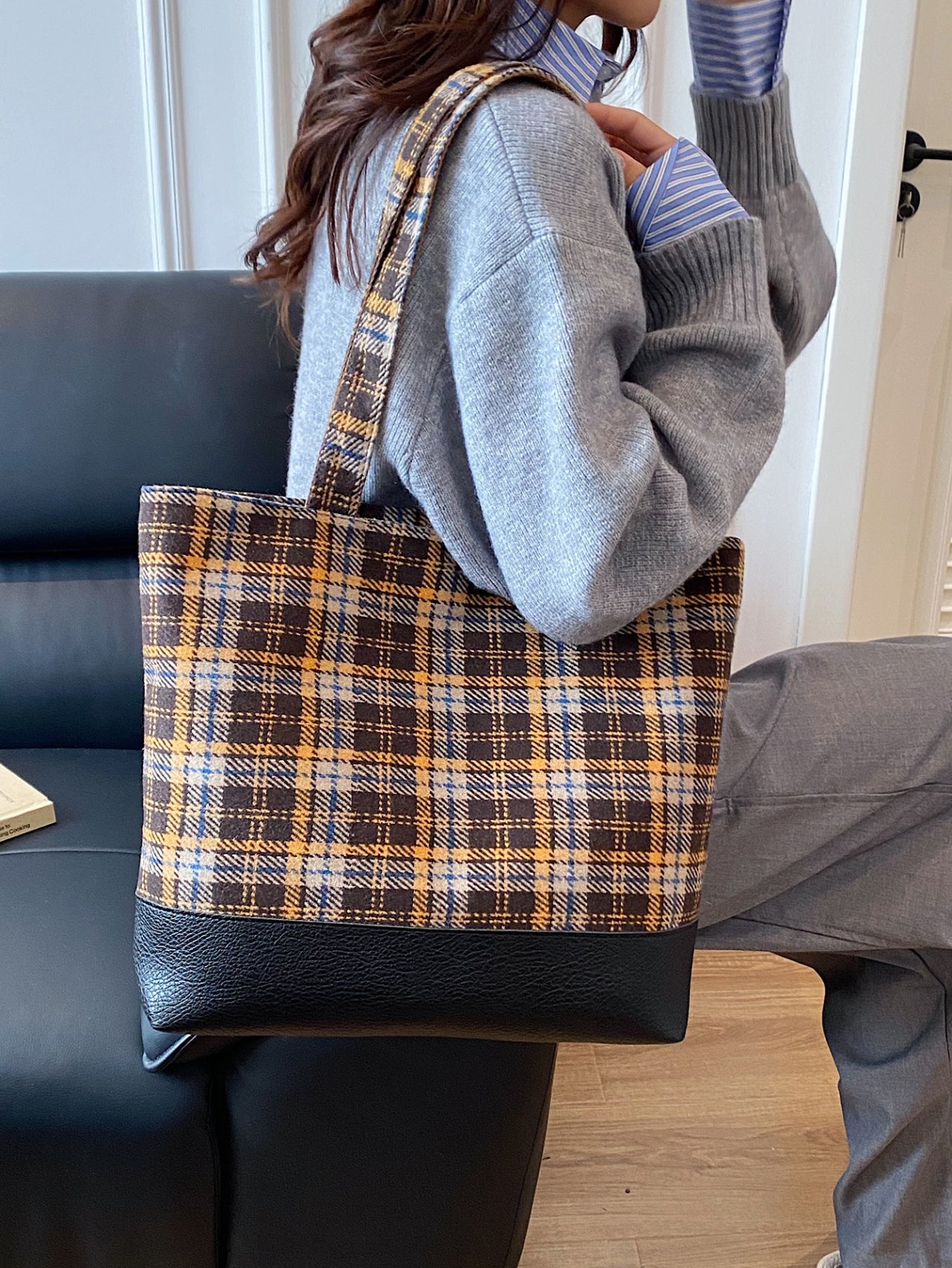 Plaid Shoulder Bag with Faux Leather Base