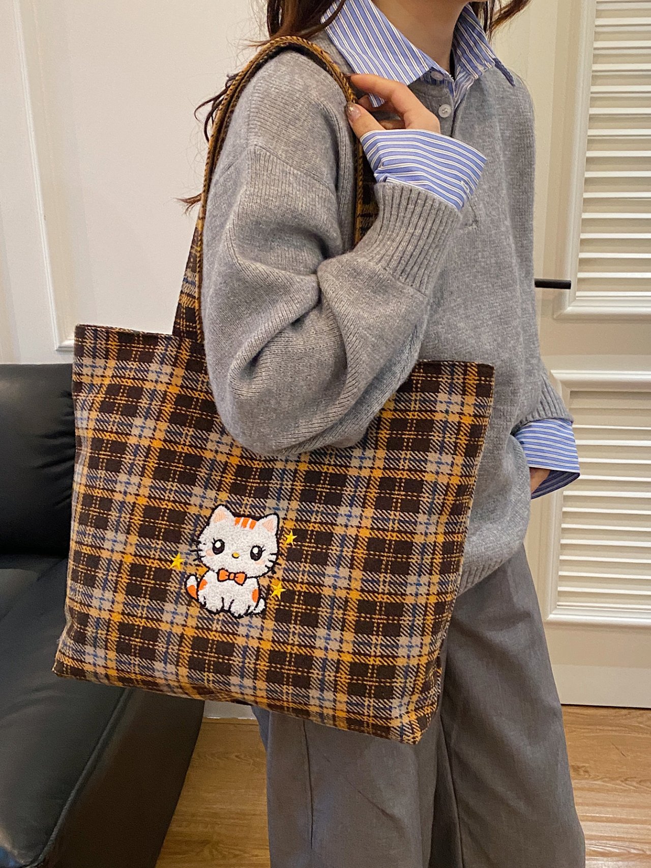 Multi Plaid Shoulder Bag with Cute Cat Design
