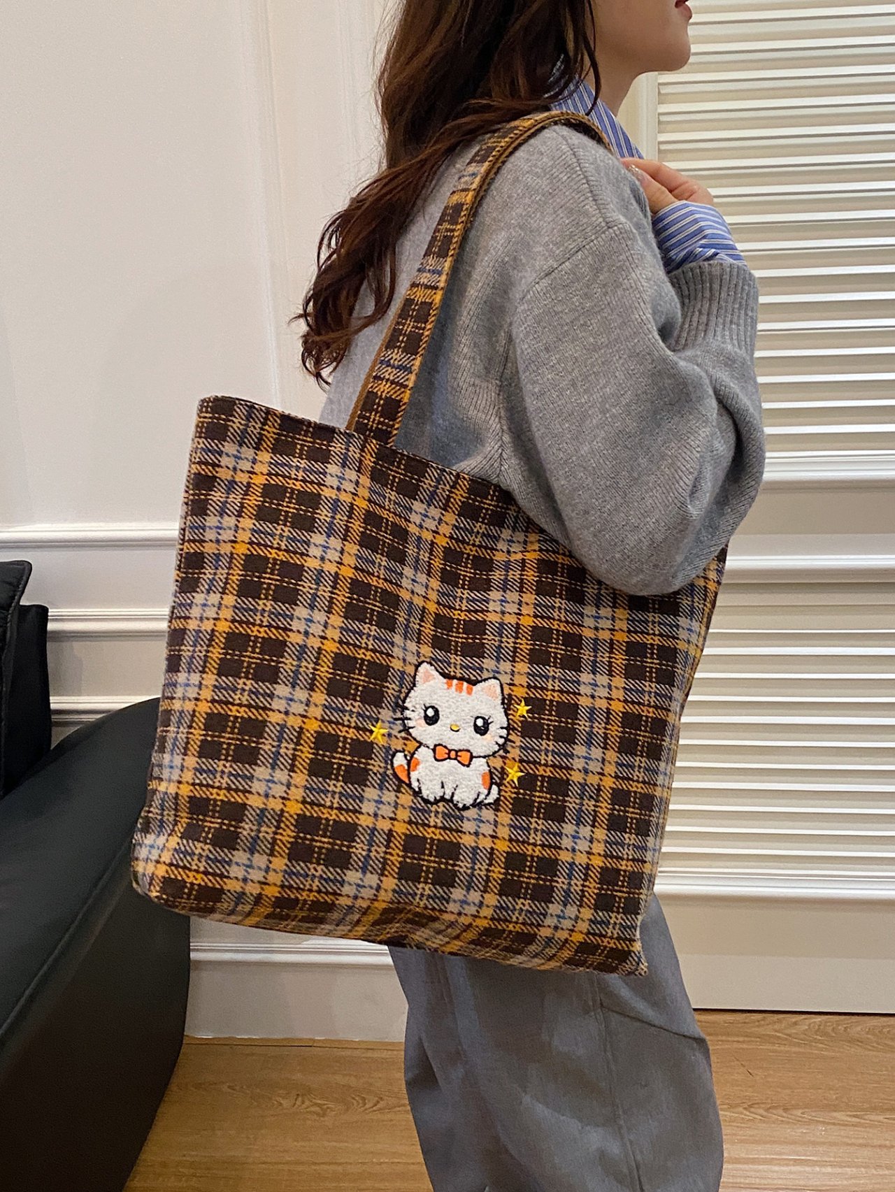 Multi Plaid Shoulder Bag with Cute Cat Design