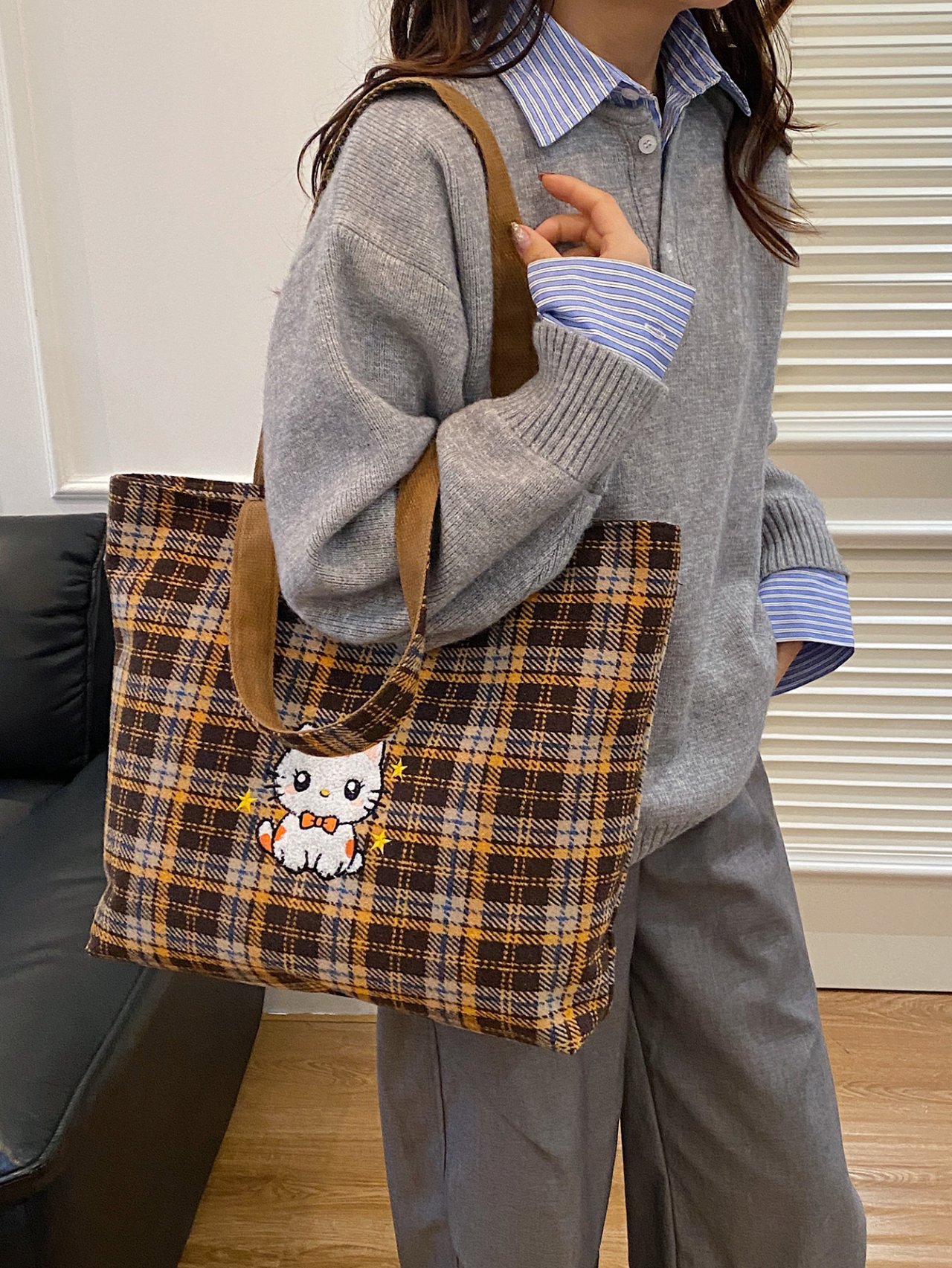 Multi Plaid Shoulder Bag with Cute Cat Design