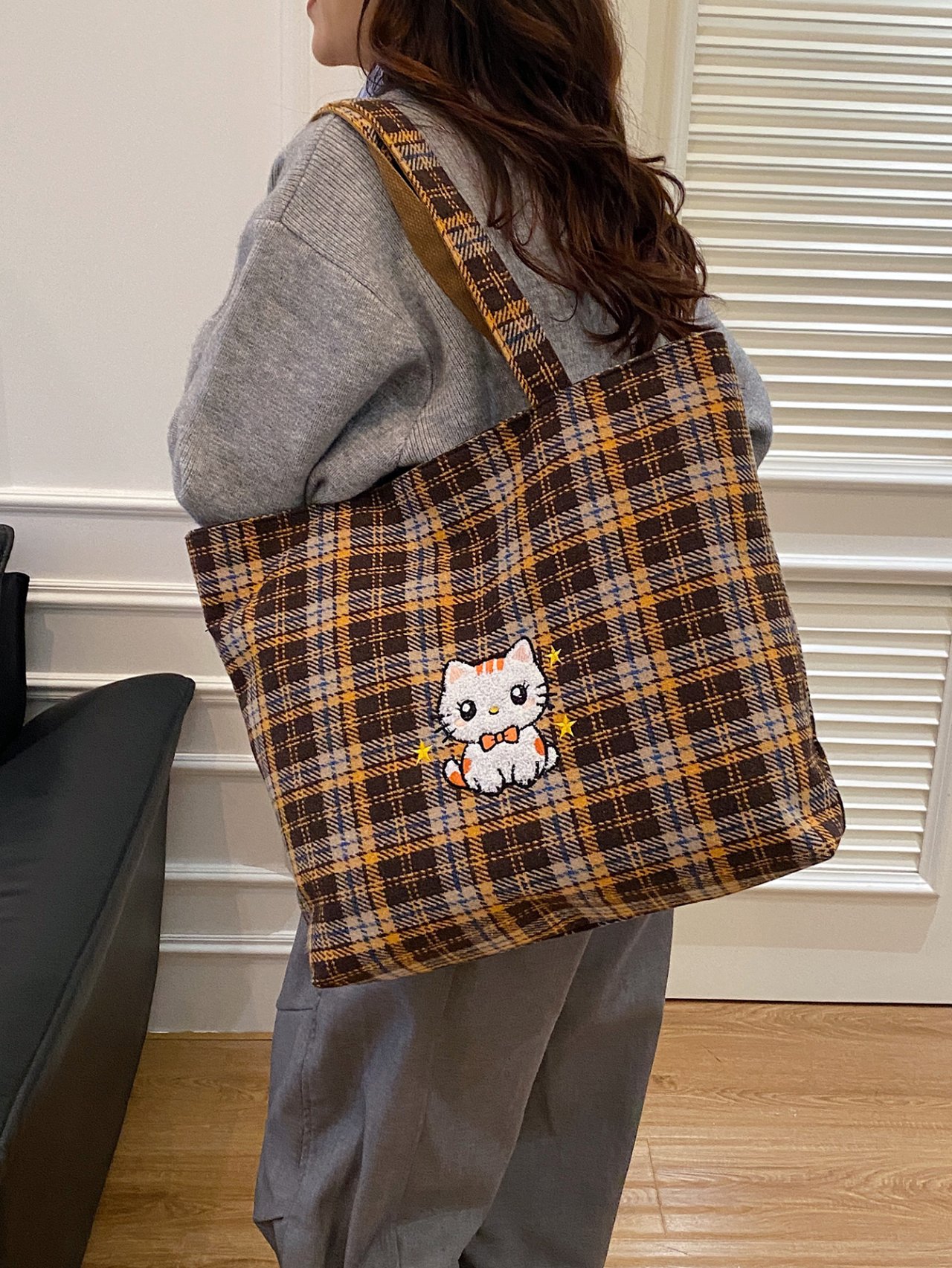 Multi Plaid Shoulder Bag with Cute Cat Design