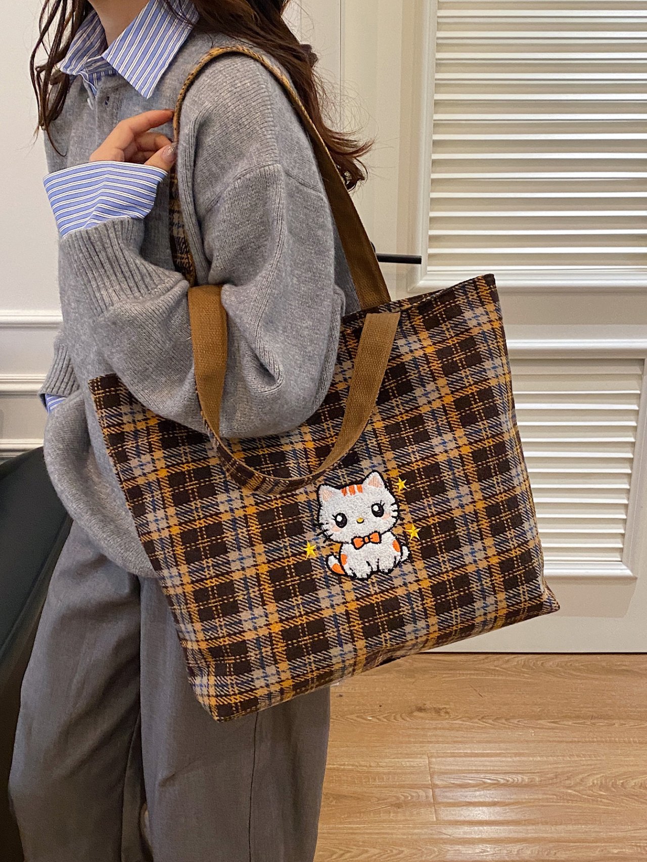 Multi Plaid Shoulder Bag with Cute Cat Design