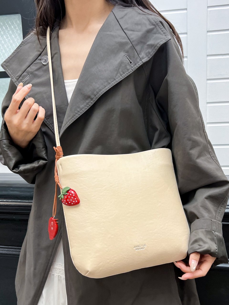 Beige Shoulder Bag with Strawberry Charm