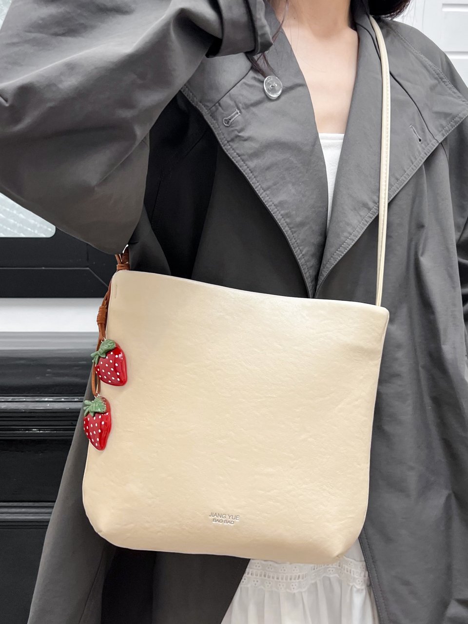 Beige Shoulder Bag with Strawberry Charm