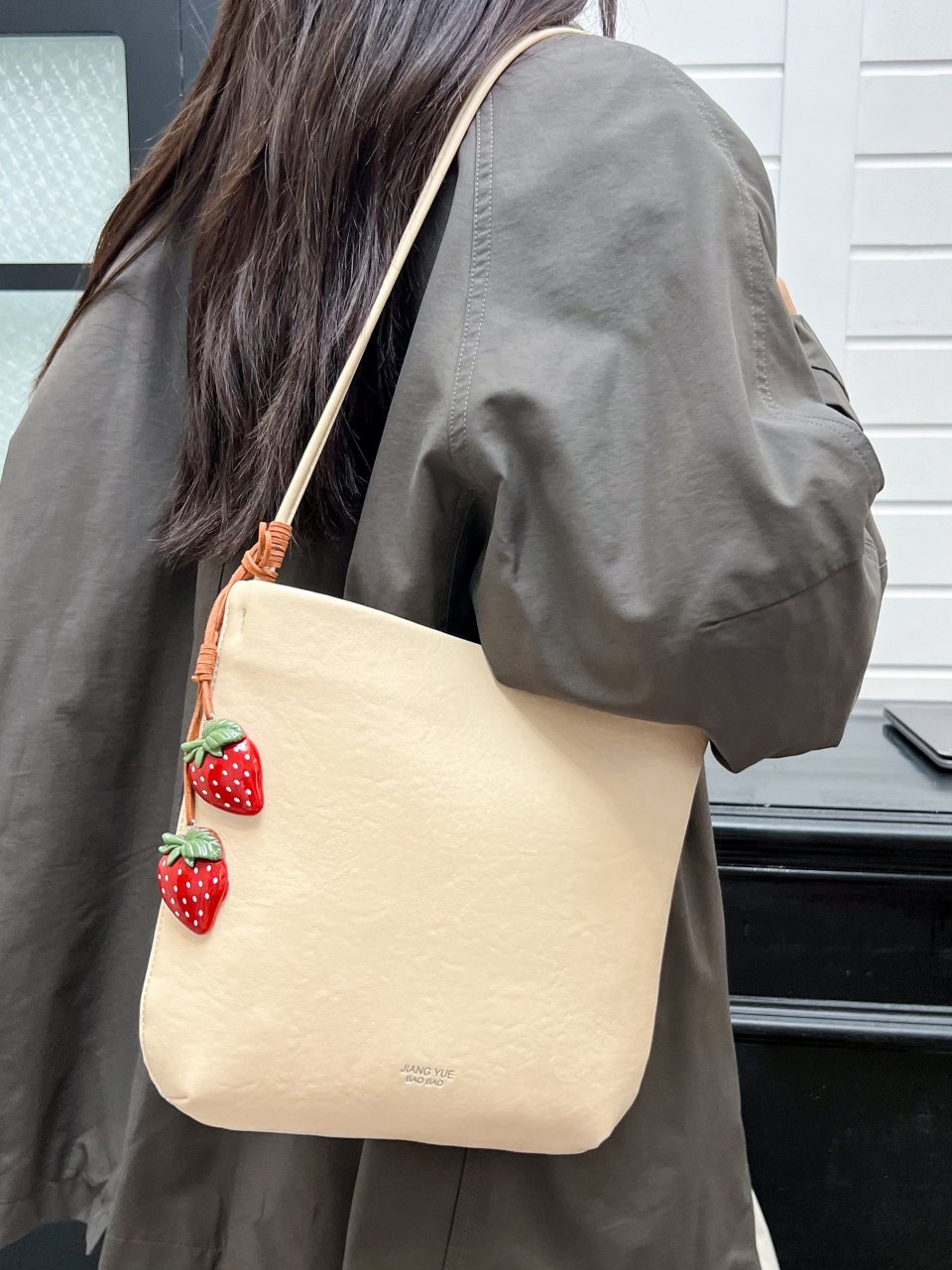 Beige Shoulder Bag with Strawberry Charm