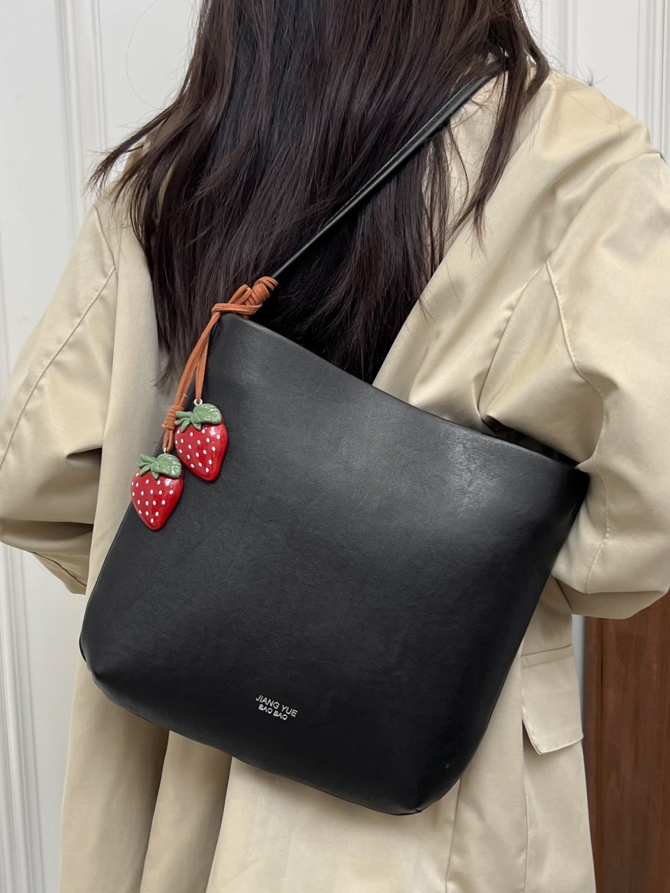Black Shoulder Bag with Strawberry Charm