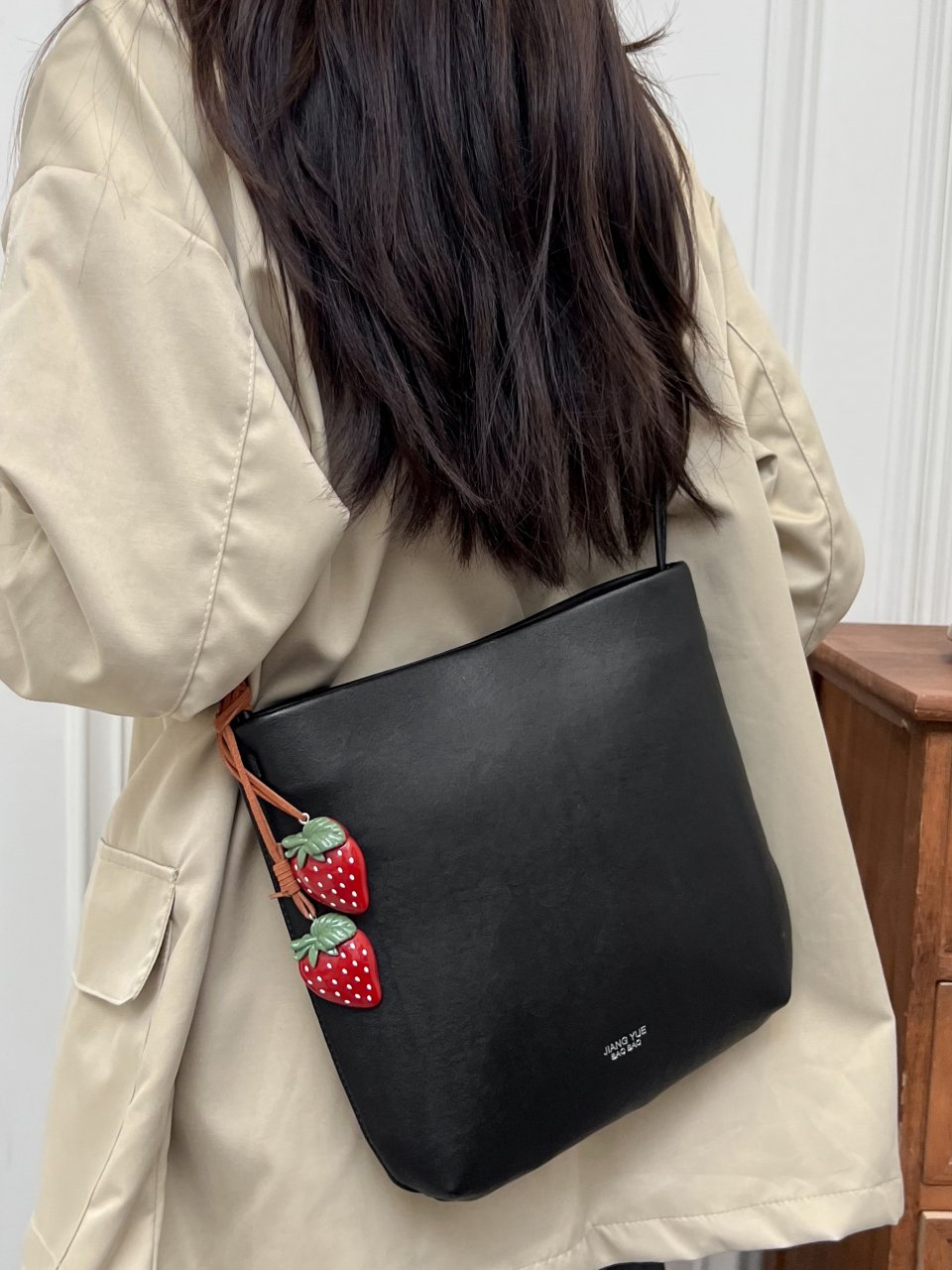 Black Shoulder Bag with Strawberry Charm