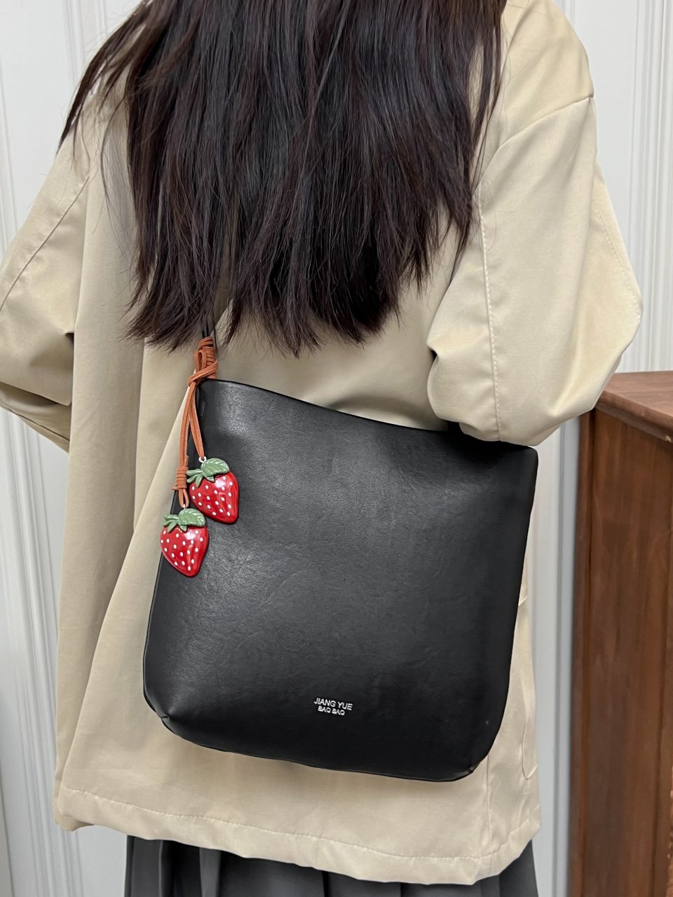 Black Shoulder Bag with Strawberry Charm