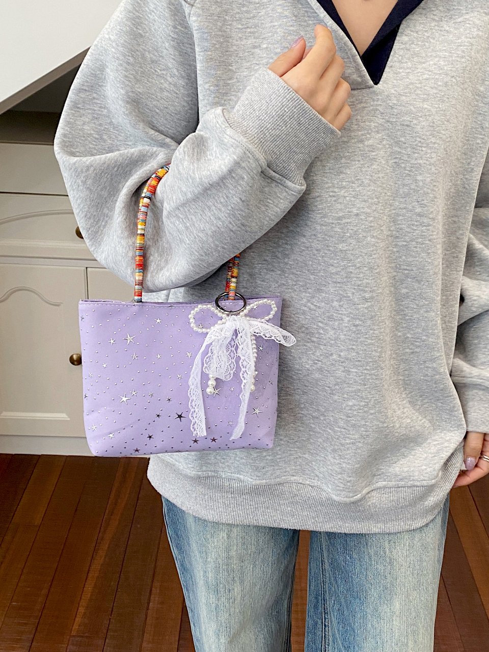 Purple Starry Mini Handbag with Beaded Handle