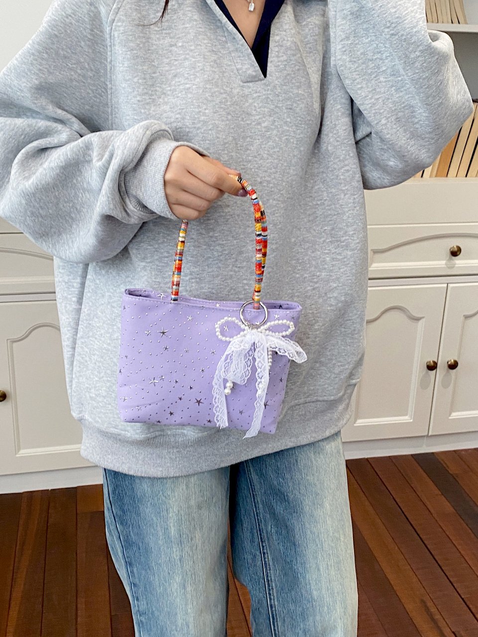 Purple Starry Mini Handbag with Beaded Handle