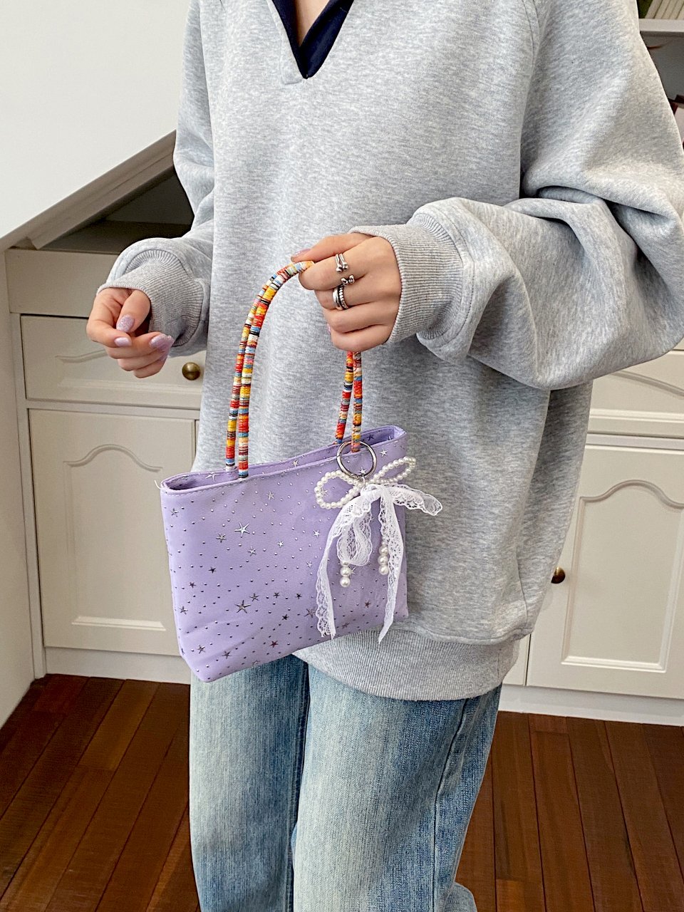 Purple Starry Mini Handbag with Beaded Handle