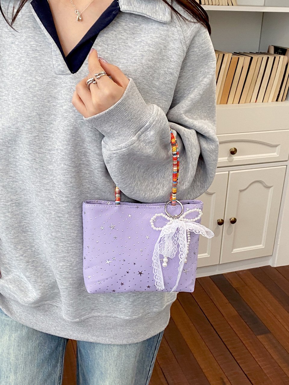 Purple Starry Mini Handbag with Beaded Handle