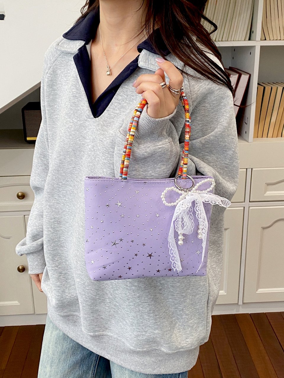 Purple Starry Mini Handbag with Beaded Handle