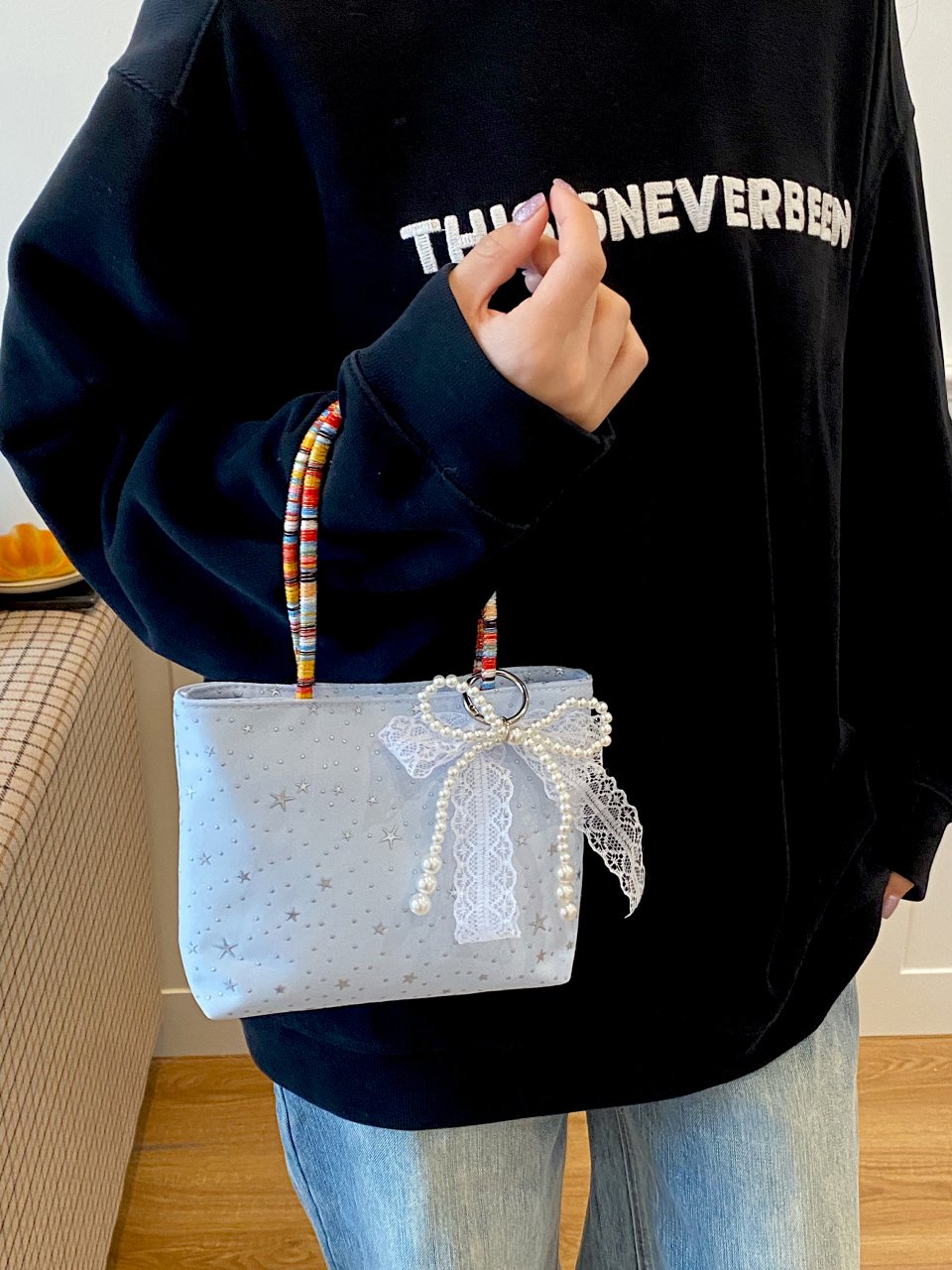 Blue Star-Print Handbag with Pearl and Lace Charm