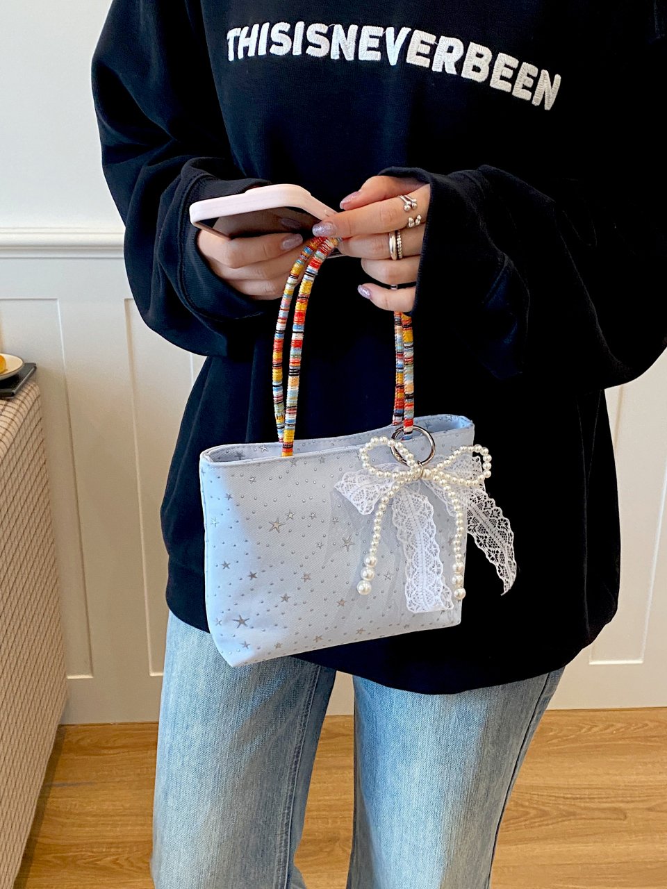 Blue Star-Print Handbag with Pearl and Lace Charm