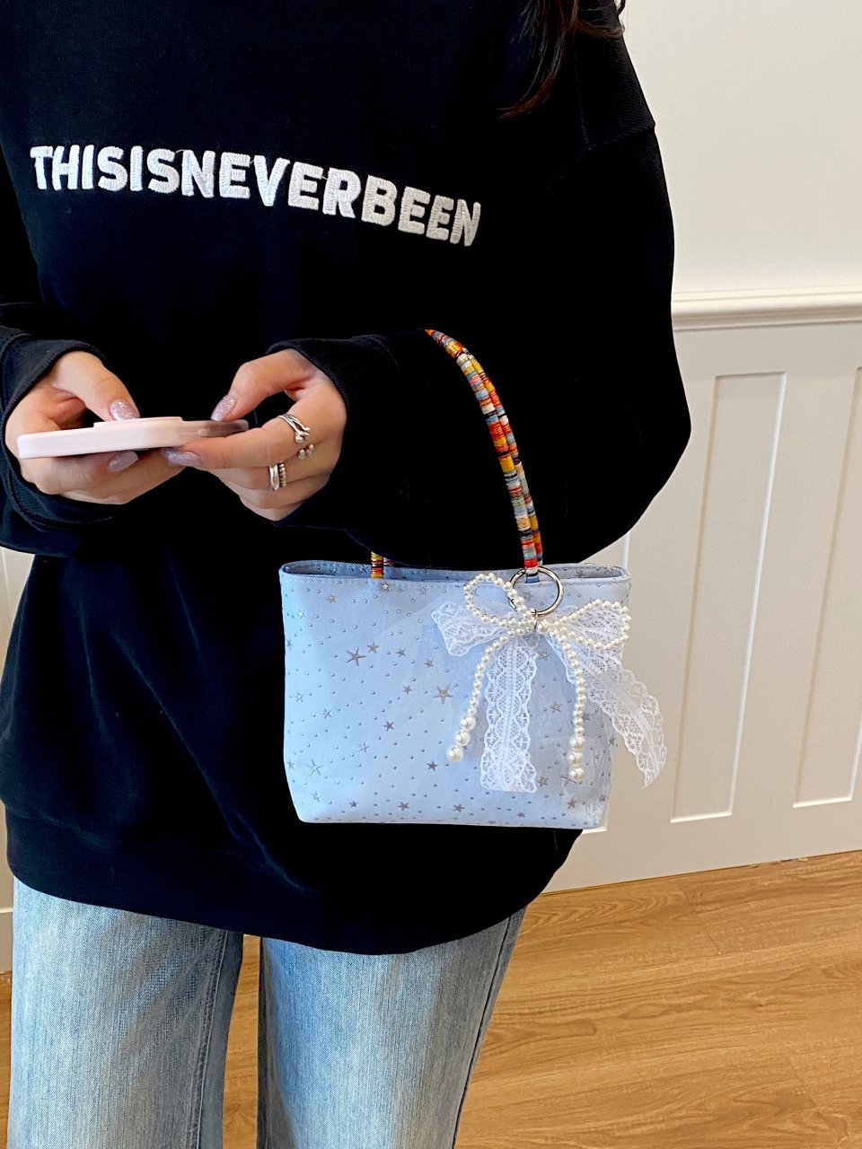 Blue Star-Print Handbag with Pearl and Lace Charm