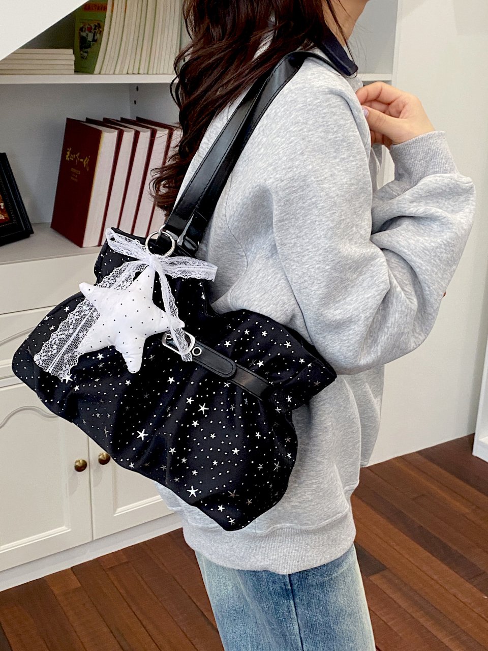 Black Starry Night Shoulder Bag with Charm