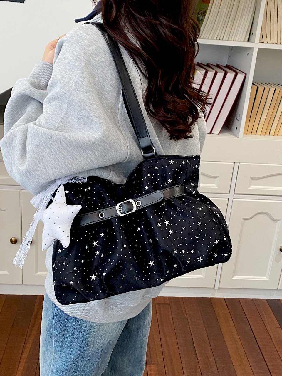 Black Starry Night Shoulder Bag with Charm