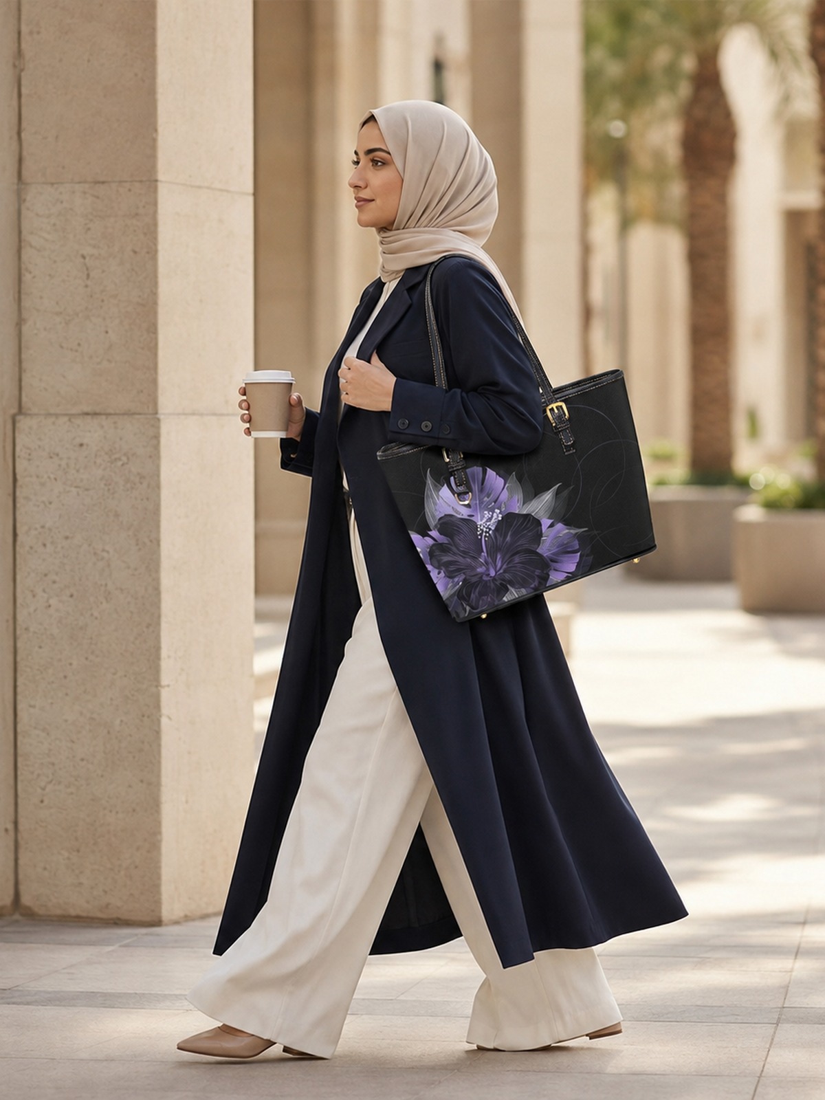 حقيبة كتف وطبعة زهور أسود