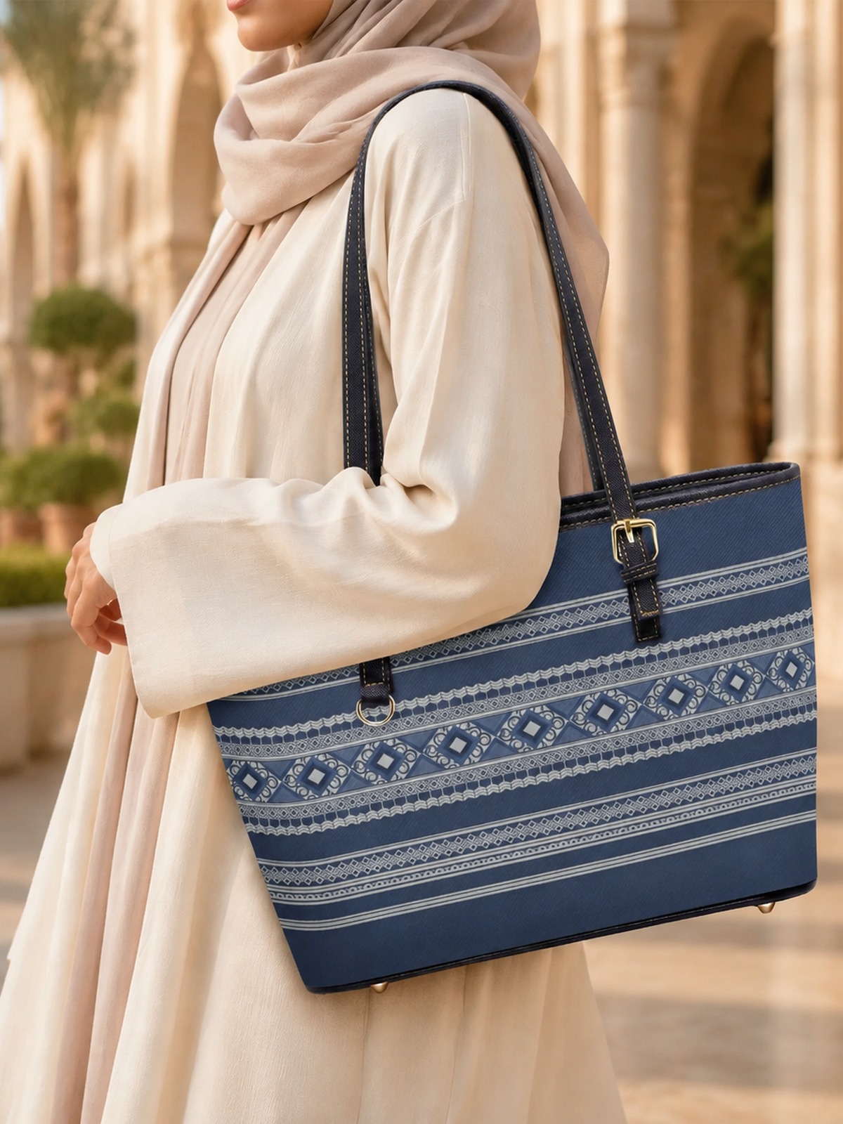 Blue Striped Large Capacity Shoulder Bag