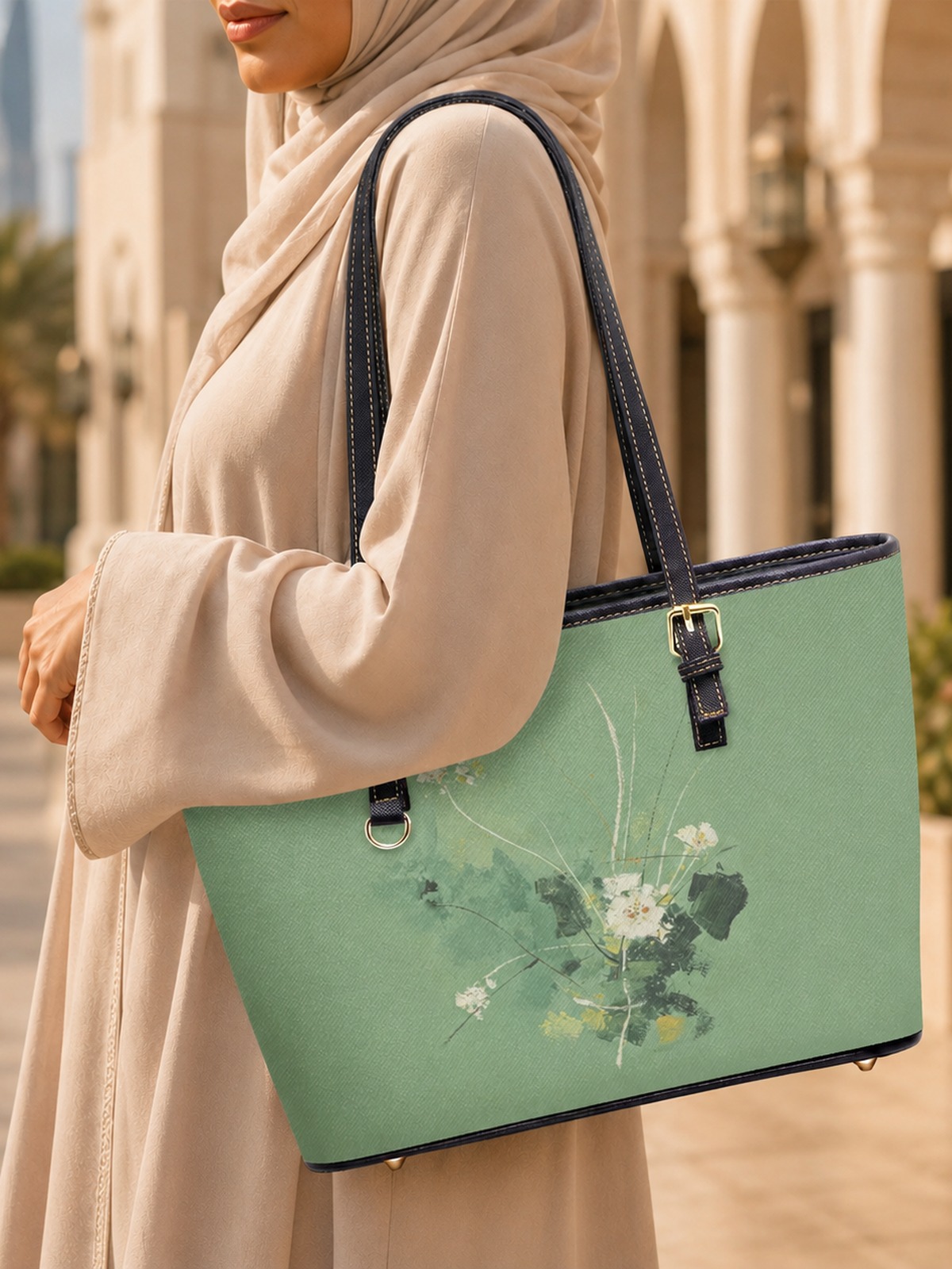 Green Floral Print Large Capacity Shoulder Bag