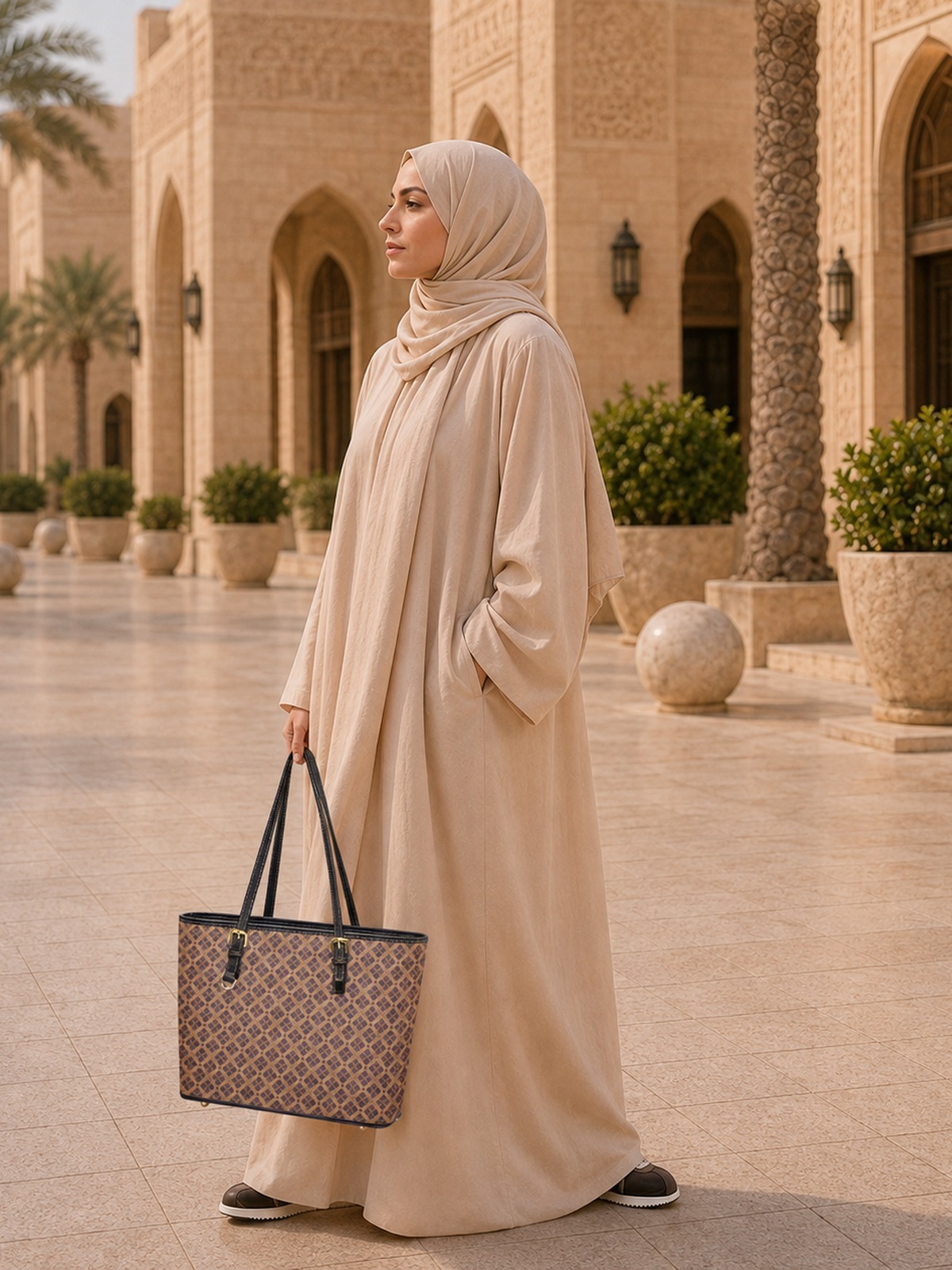 حقيبة كتف وتوت بنية بطبعة هندسية