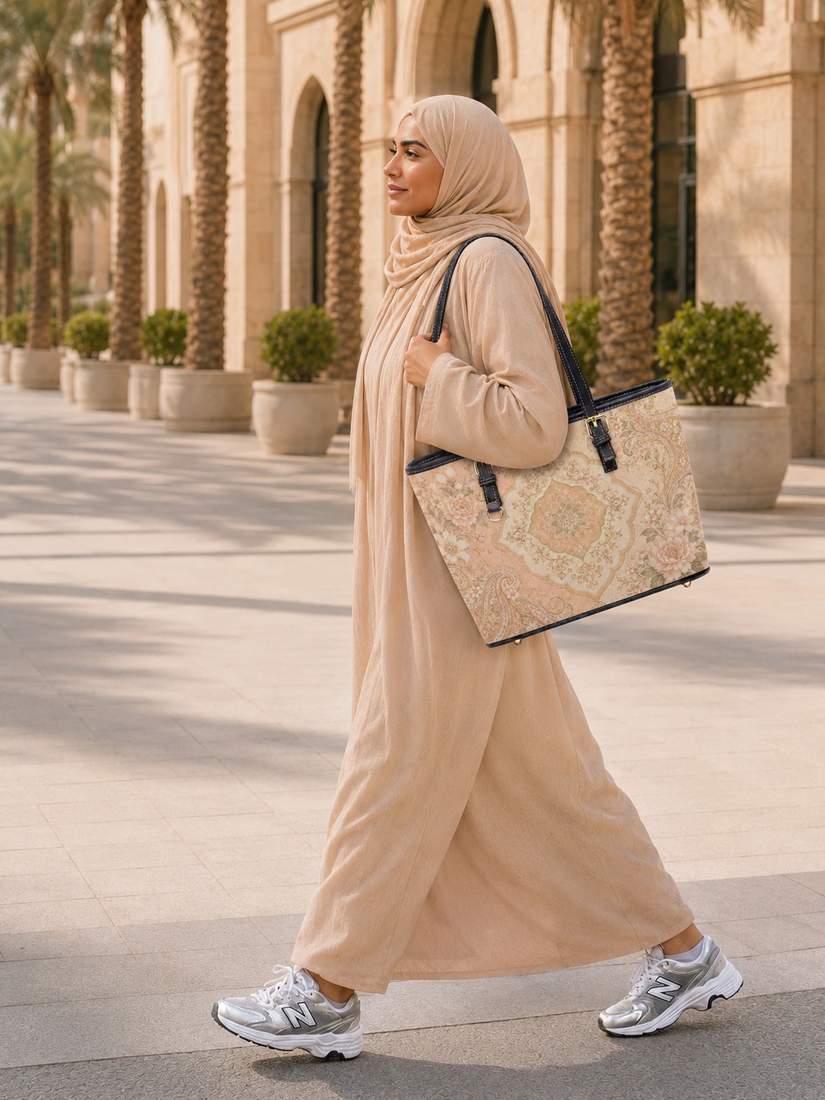 Khaki Floral Ornate Pattern Tote Shoulder Bag