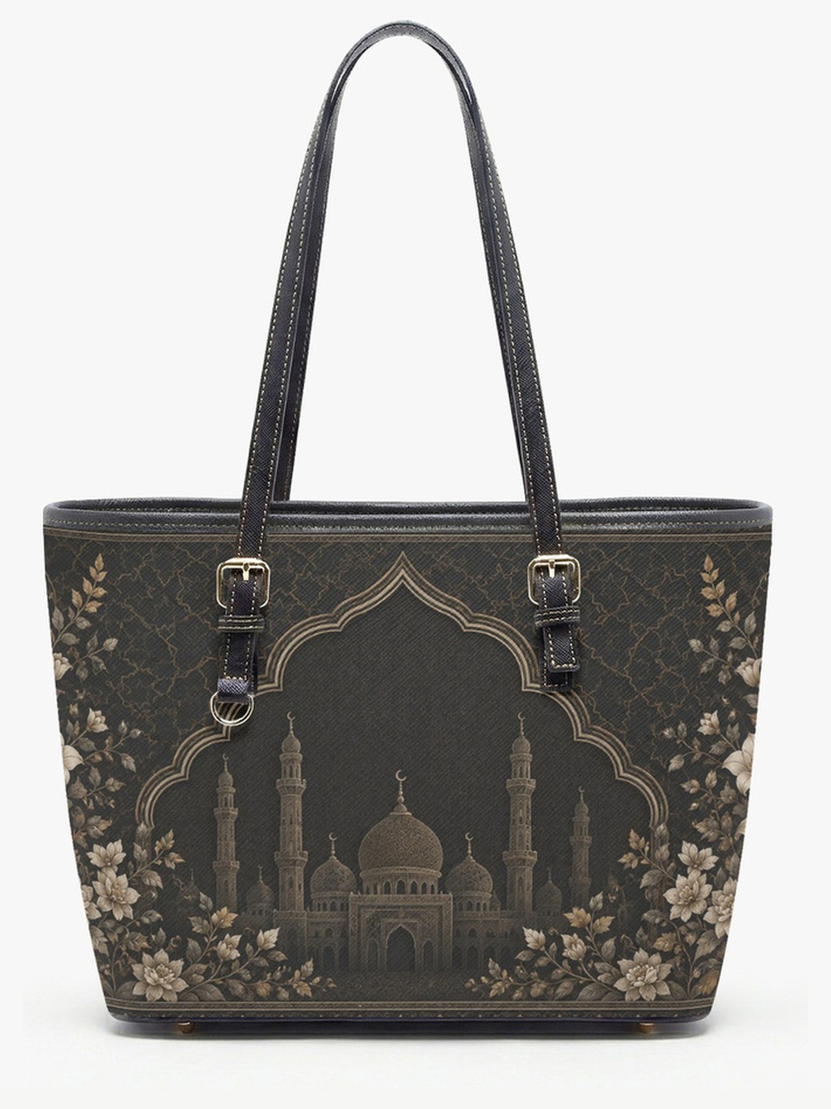 Black Floral Print Large Capacity Shoulder Bag
