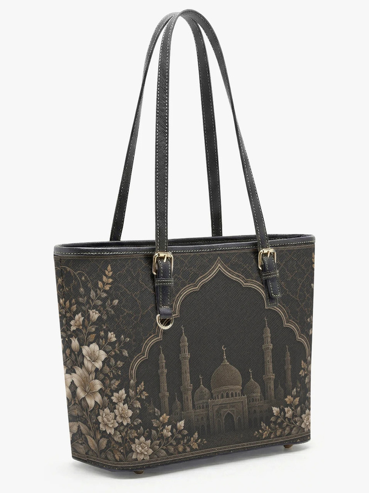 Black Floral Print Large Capacity Shoulder Bag