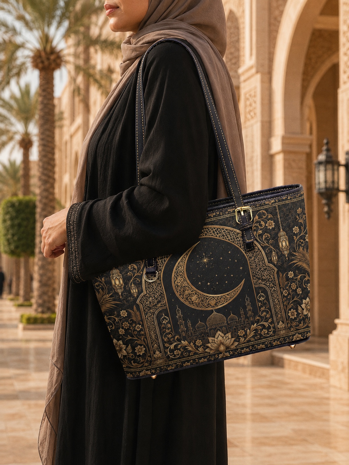 شنطة كتف بسحاب وطبعة مزخرفة بلون أسود