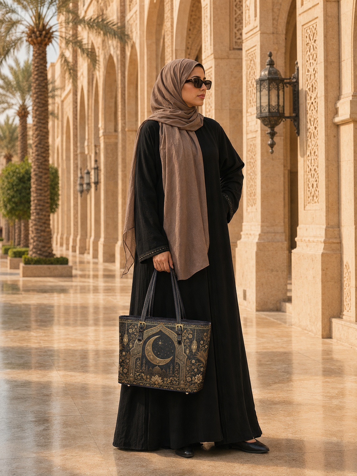 شنطة كتف بسحاب وطبعة مزخرفة بلون أسود