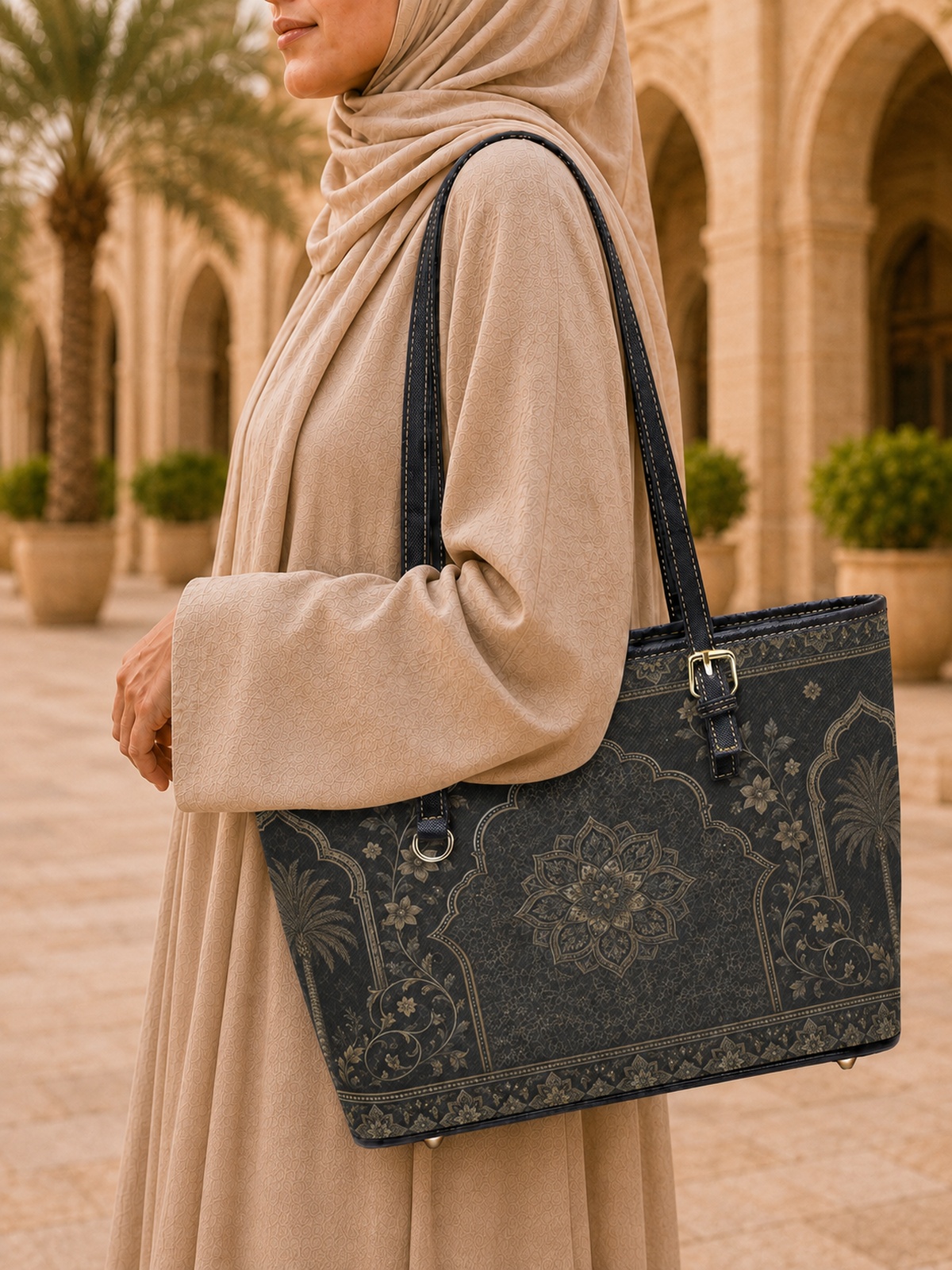 حقيبة كتف بسعة كبيرة وطبعة ميدالية أسود