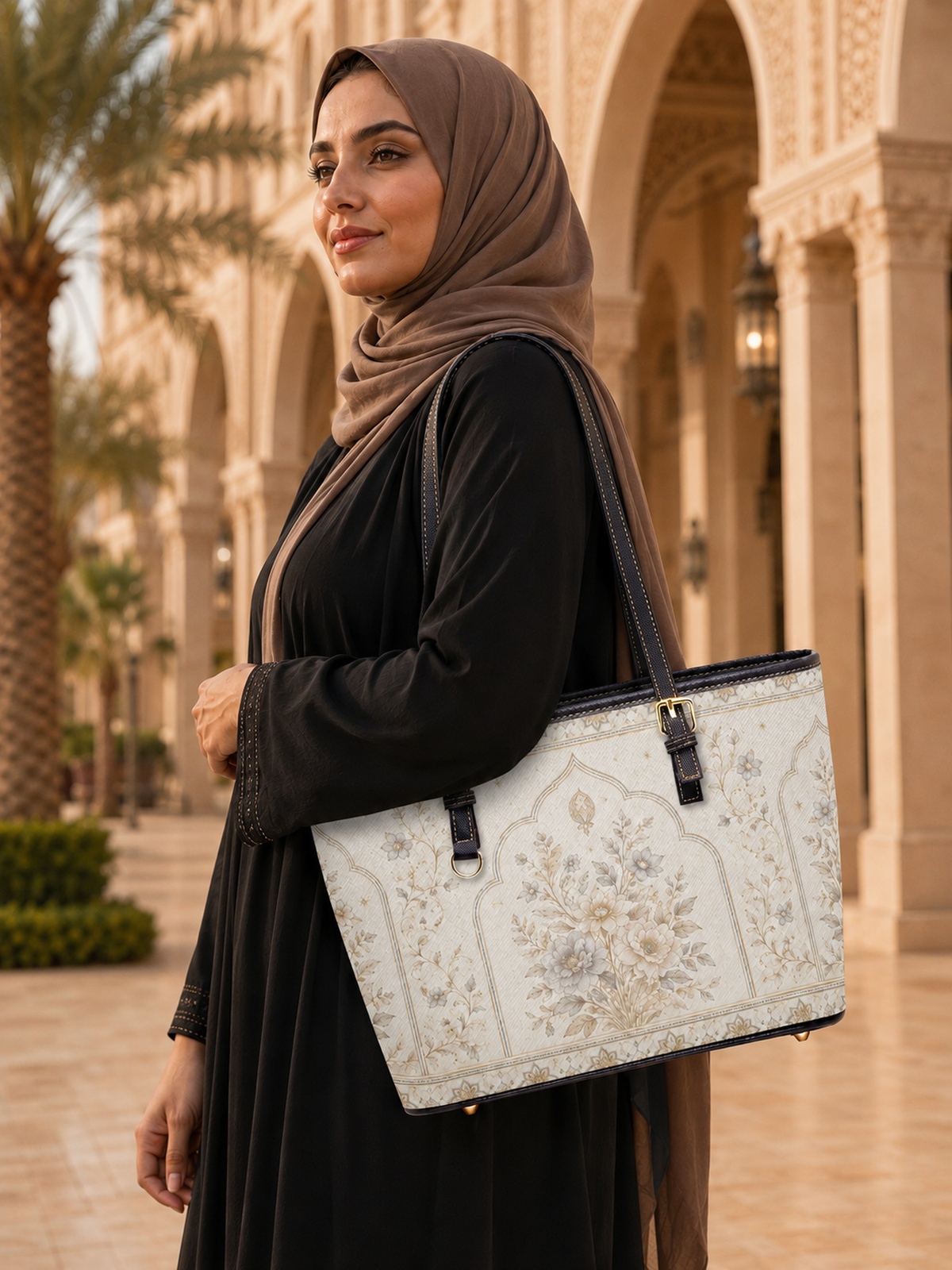 حقيبة كتف بسعة كبيرة وطبعة مزخرفة أبيض