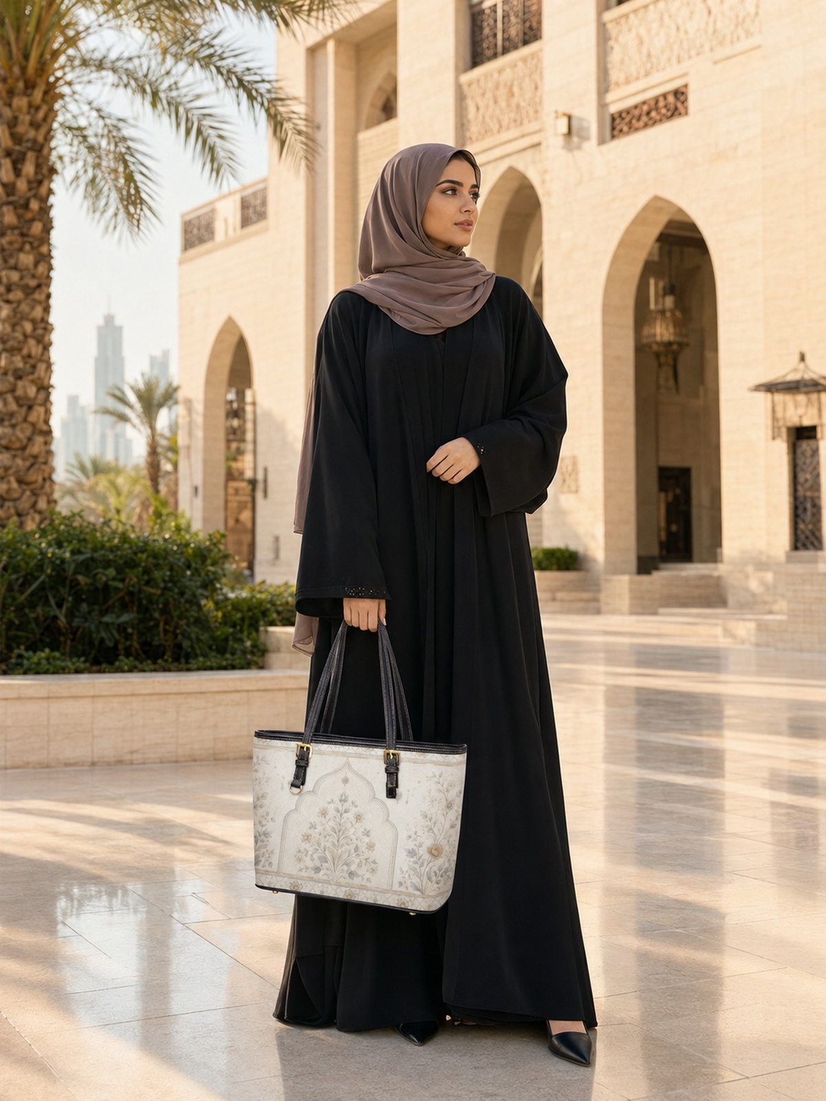 حقيبة كتف بسعة كبيرة وطبعة مزخرفة أبيض