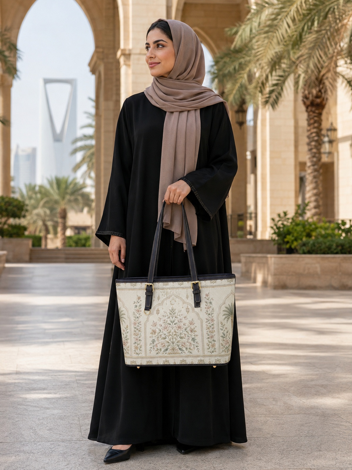 White Ornate Print Large Capacity Shoulder Bag