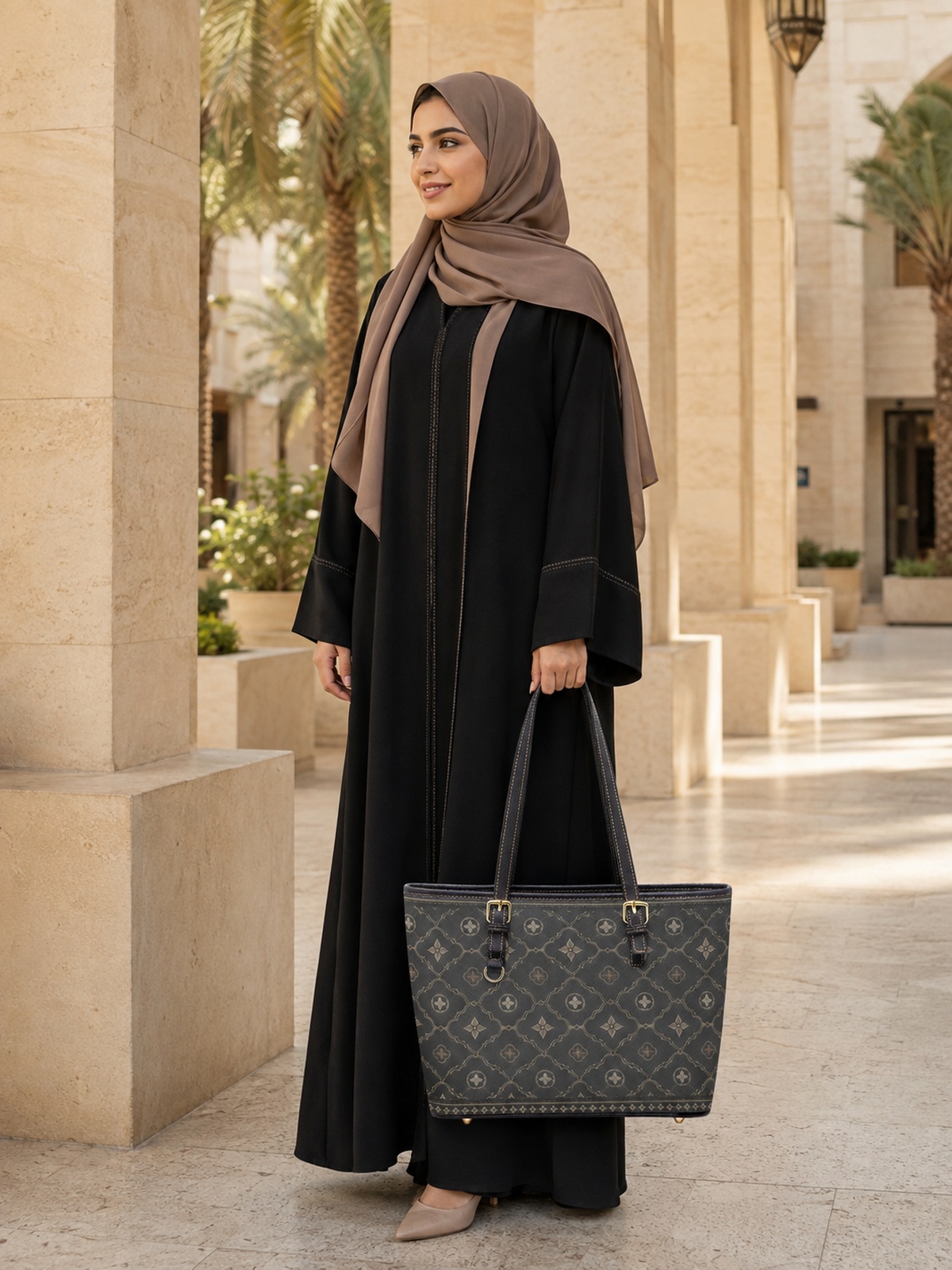 Black Patterned Large Capacity Shoulder Bag