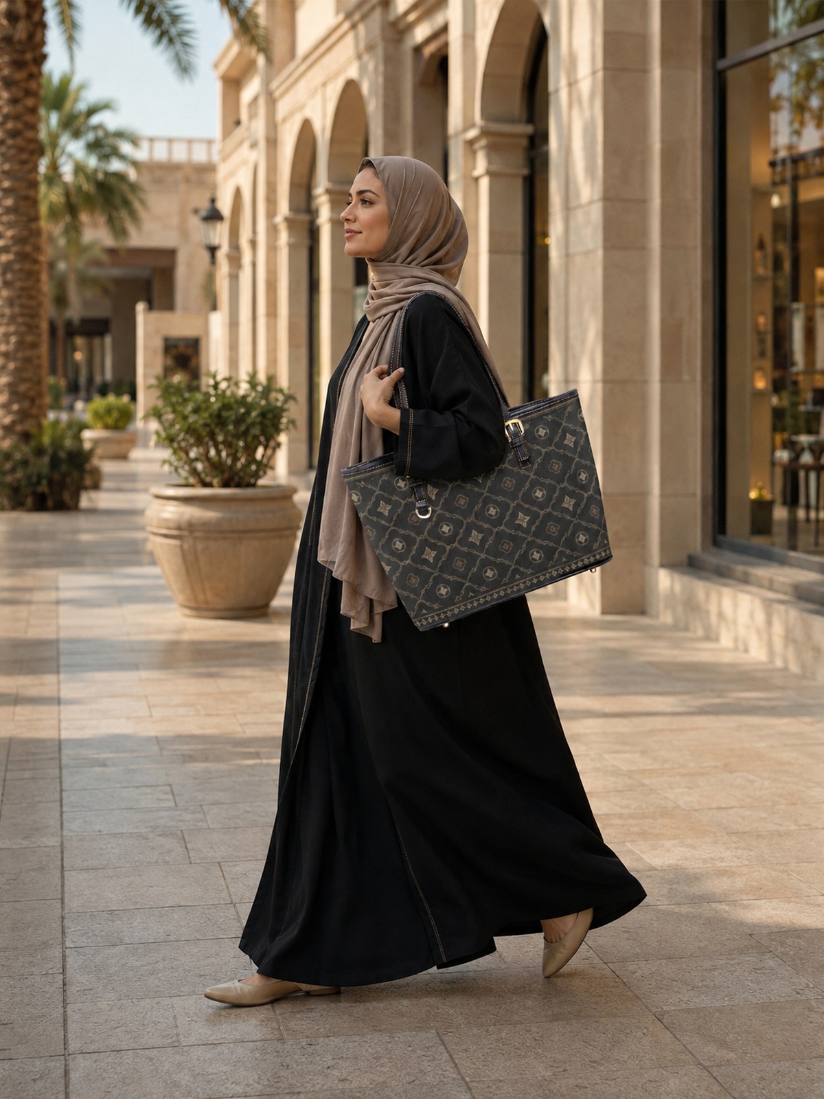 Black Patterned Large Capacity Shoulder Bag
