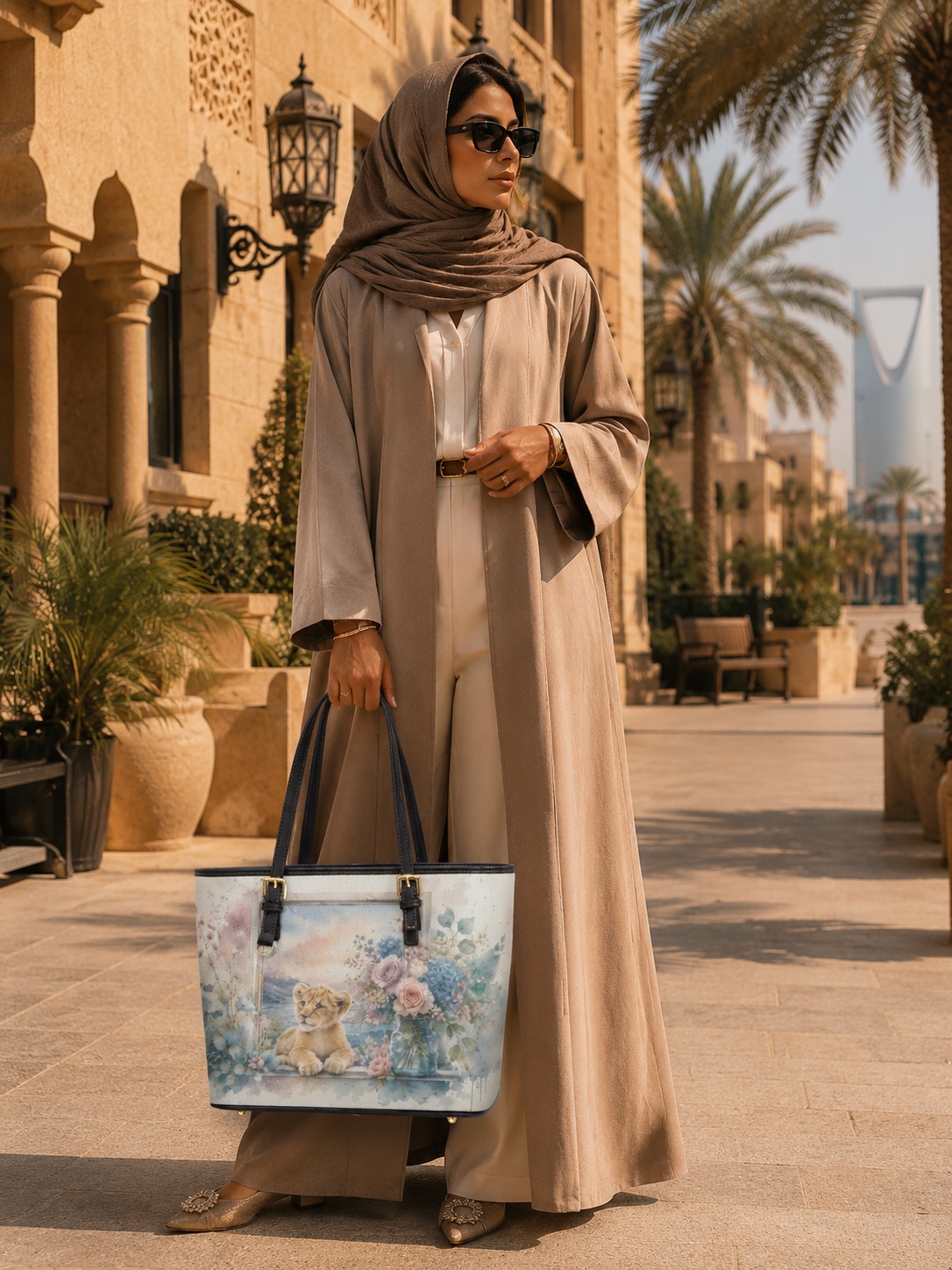 حقيبة كتف بسعة كبيرة وطبعة زهور