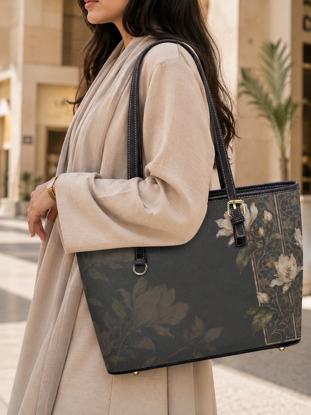 Black Floral Print Large Capacity Shoulder Bag