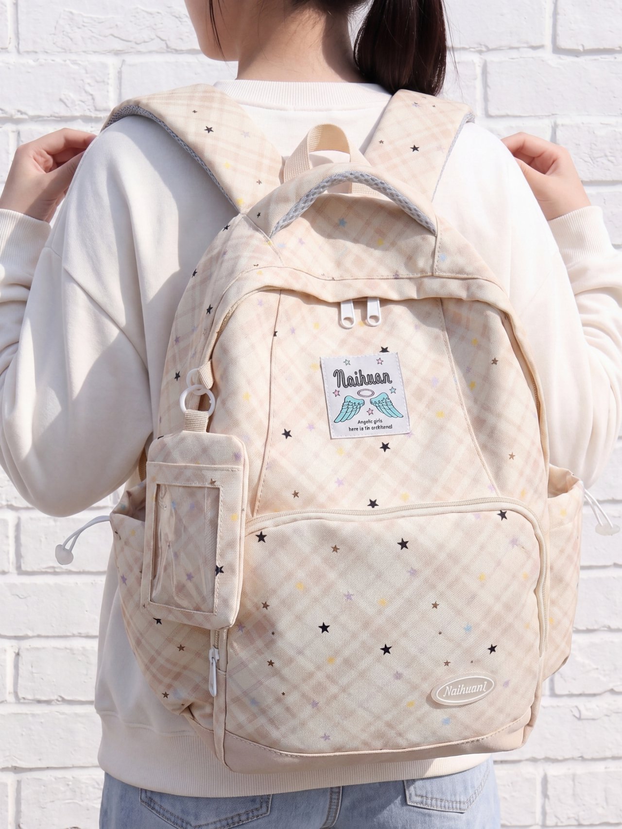 Beige Plaid Star Backpack 
