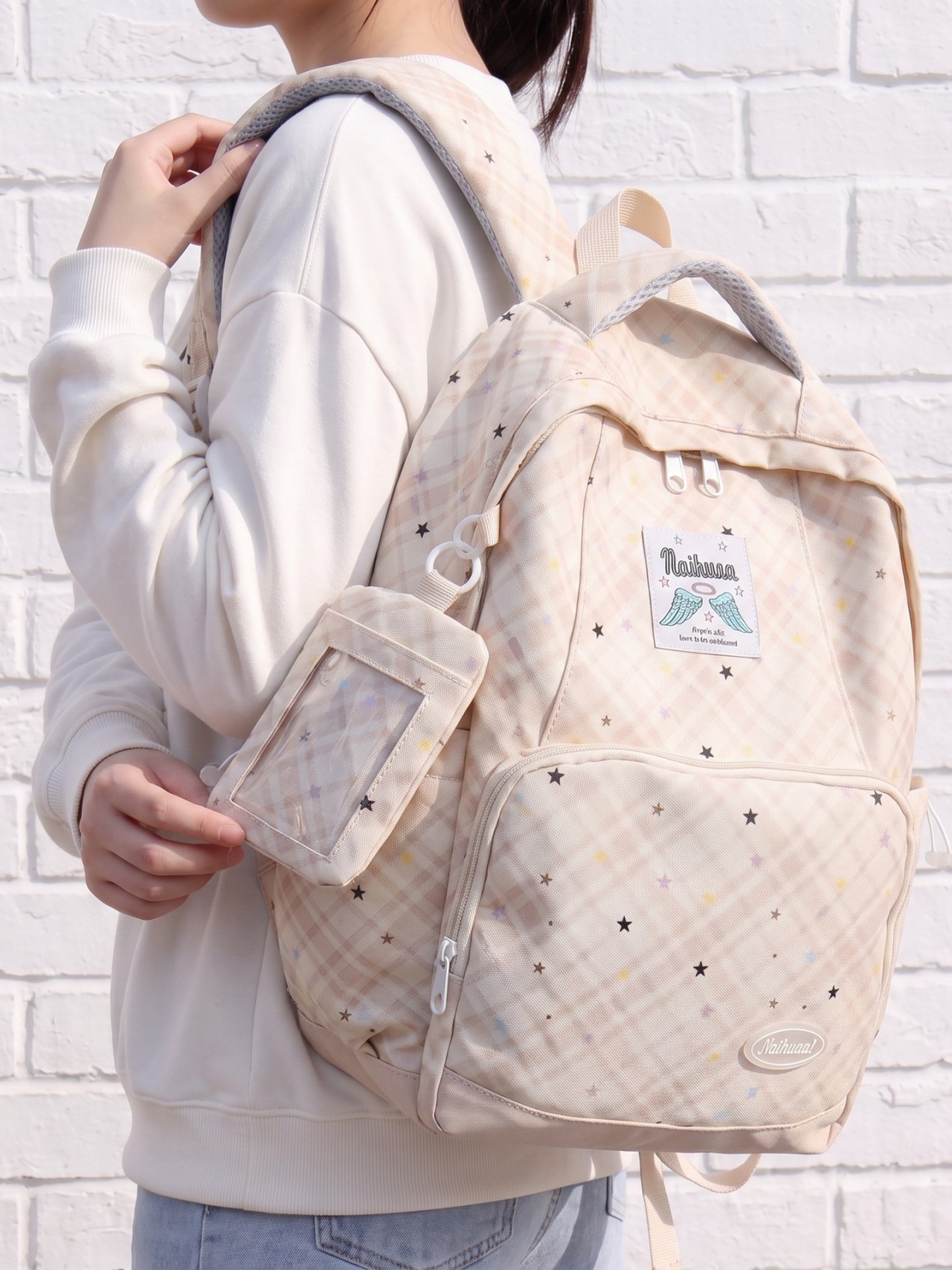 Beige Plaid Star Backpack 