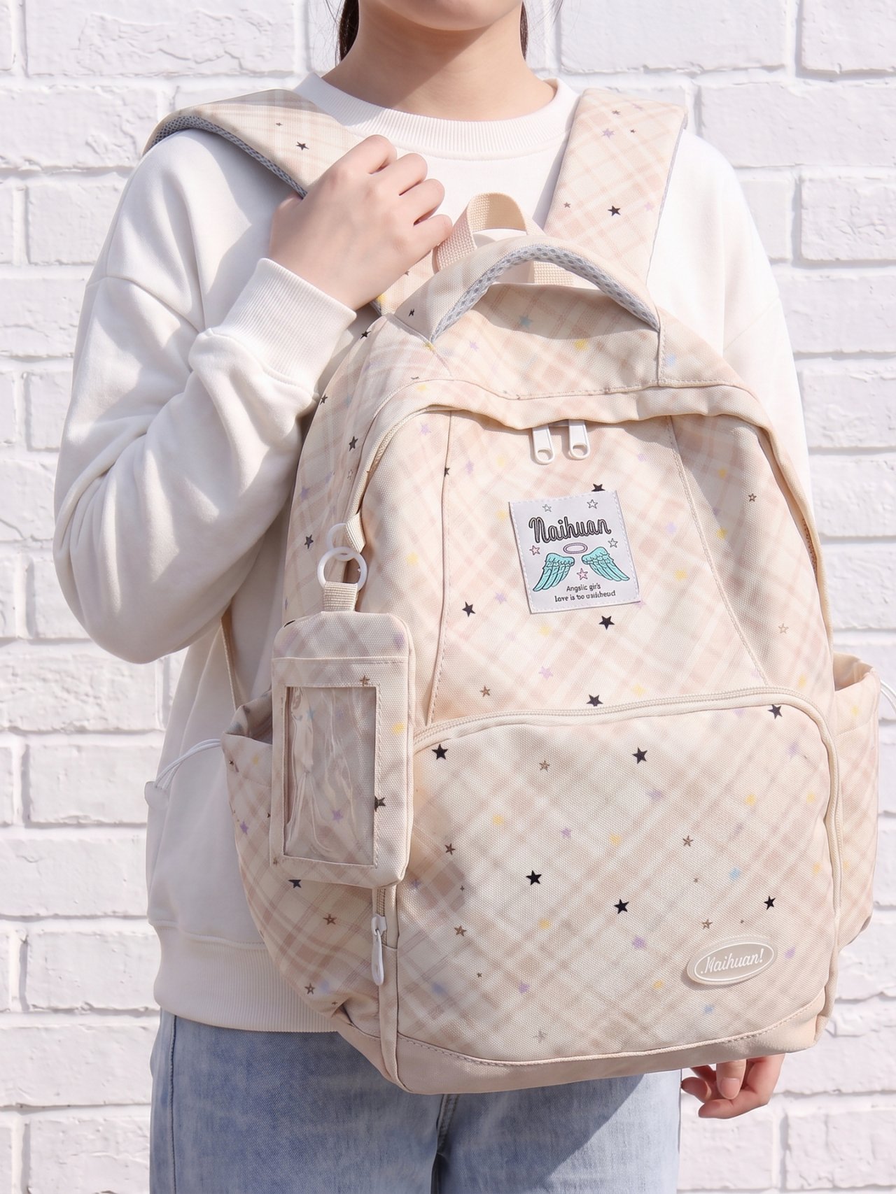 Beige Plaid Star Backpack 