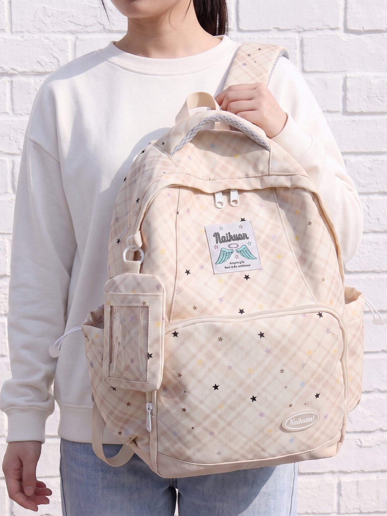 Beige Plaid Star Backpack 