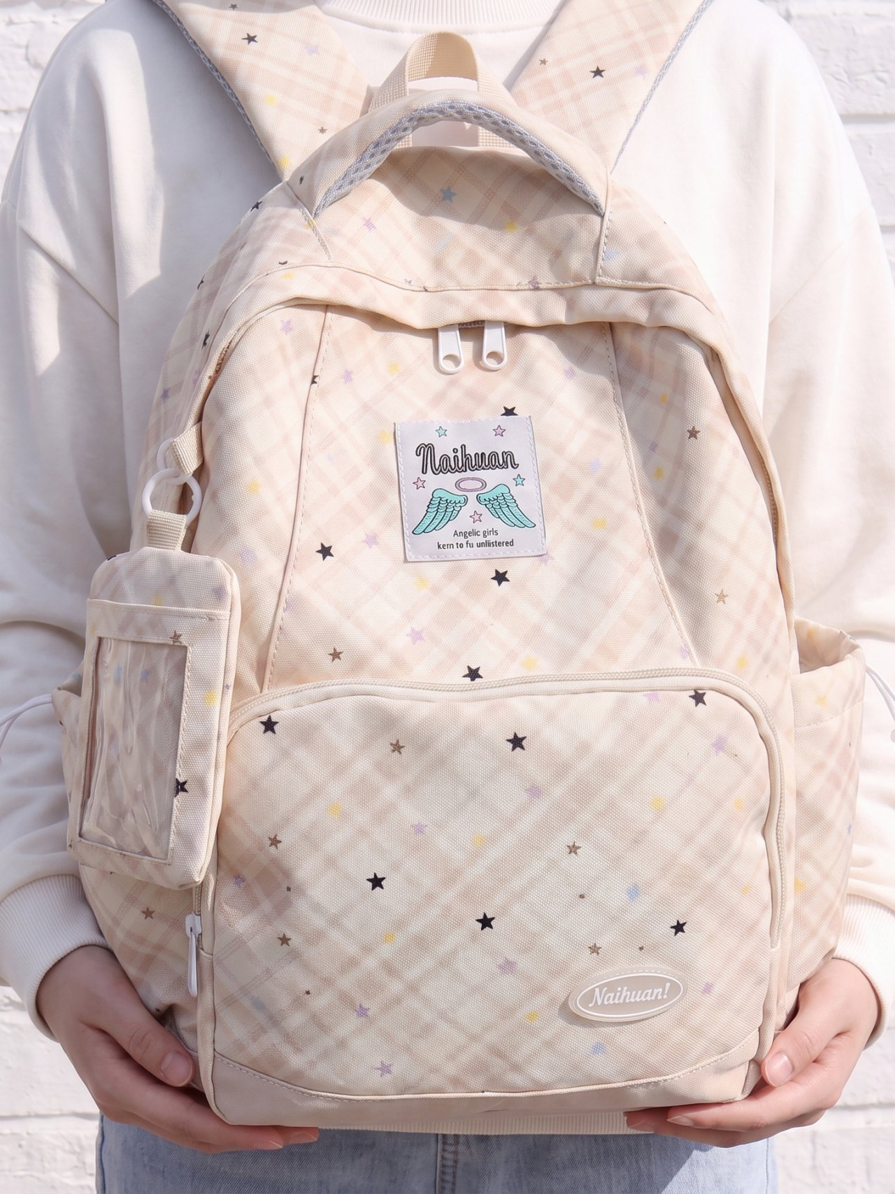 Beige Plaid Star Backpack 