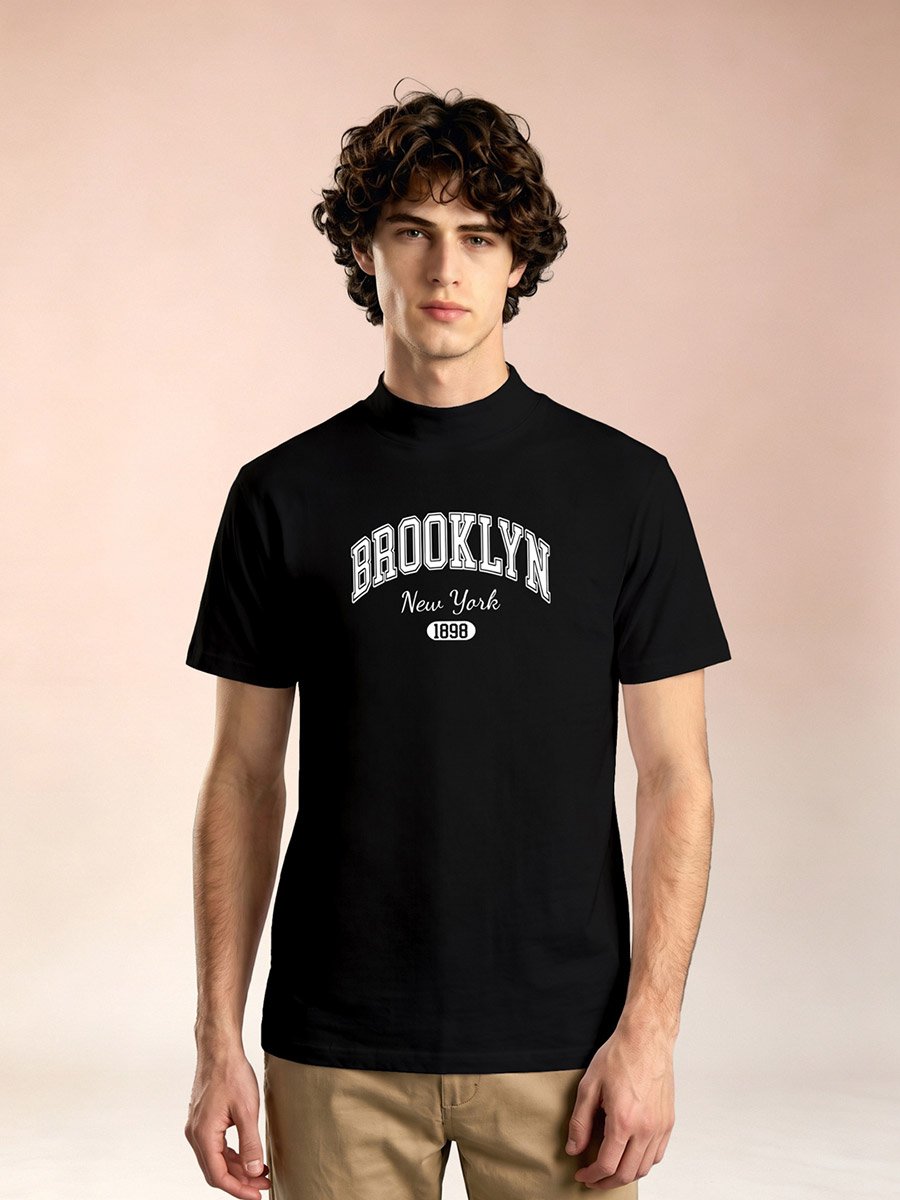 Men Black Knitted High-Neck T-Shirt