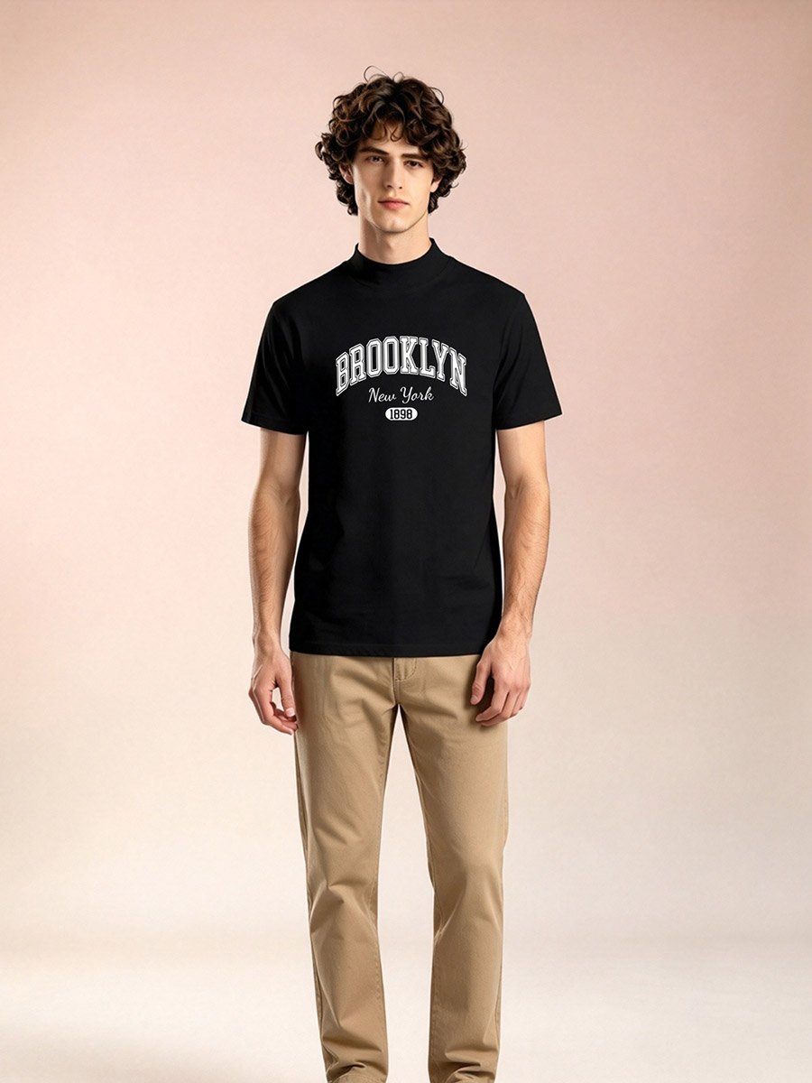 Men Black Knitted High-Neck T-Shirt