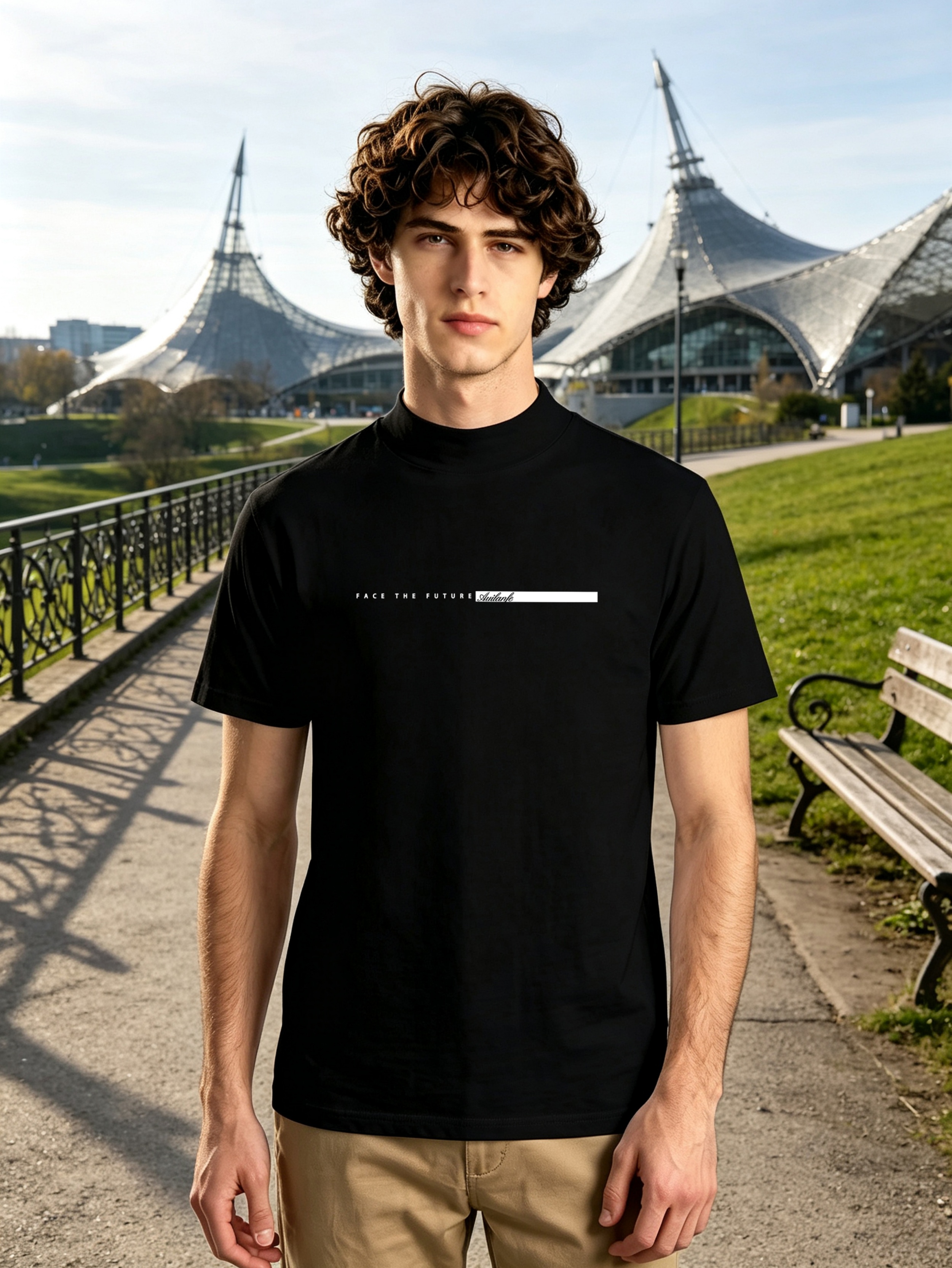 Black Graphic Print Short-Sleeve Mock Neck T-Shirt