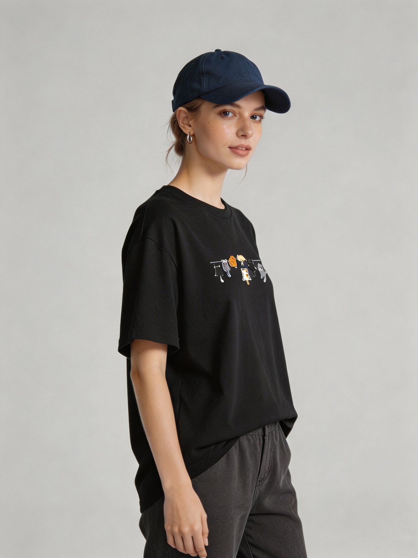 Black Cat Print Short Sleeves T-Shirt